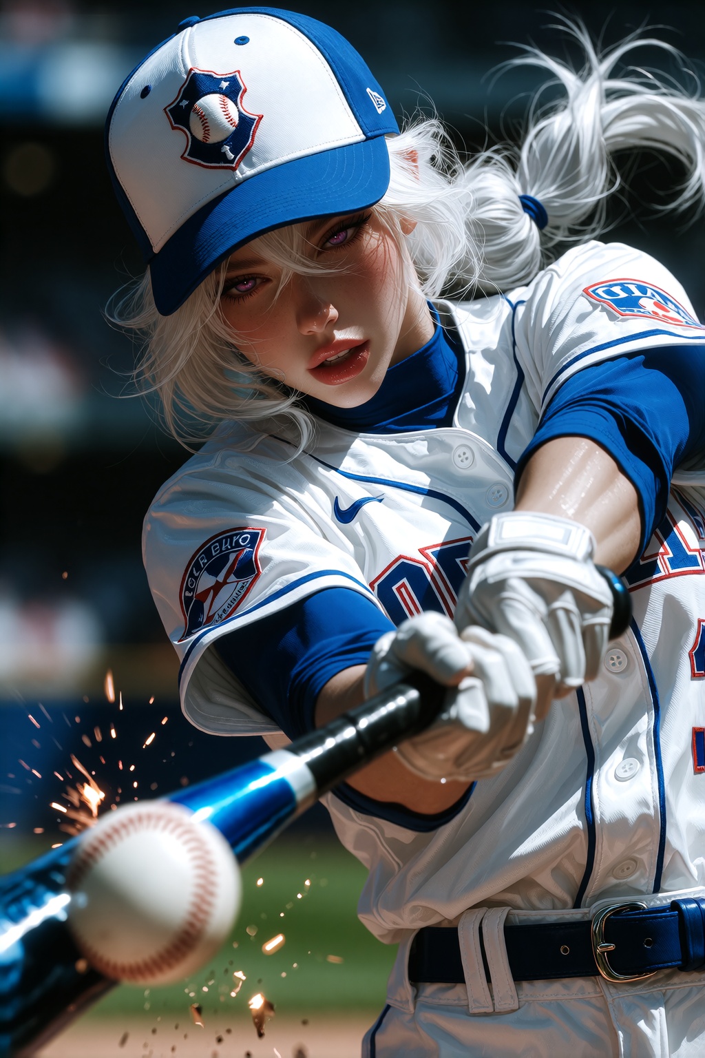 A dynamic,  low-angle medium shot captures a woman,  a female baseball player with wind-swept white hair in a ponytail and...