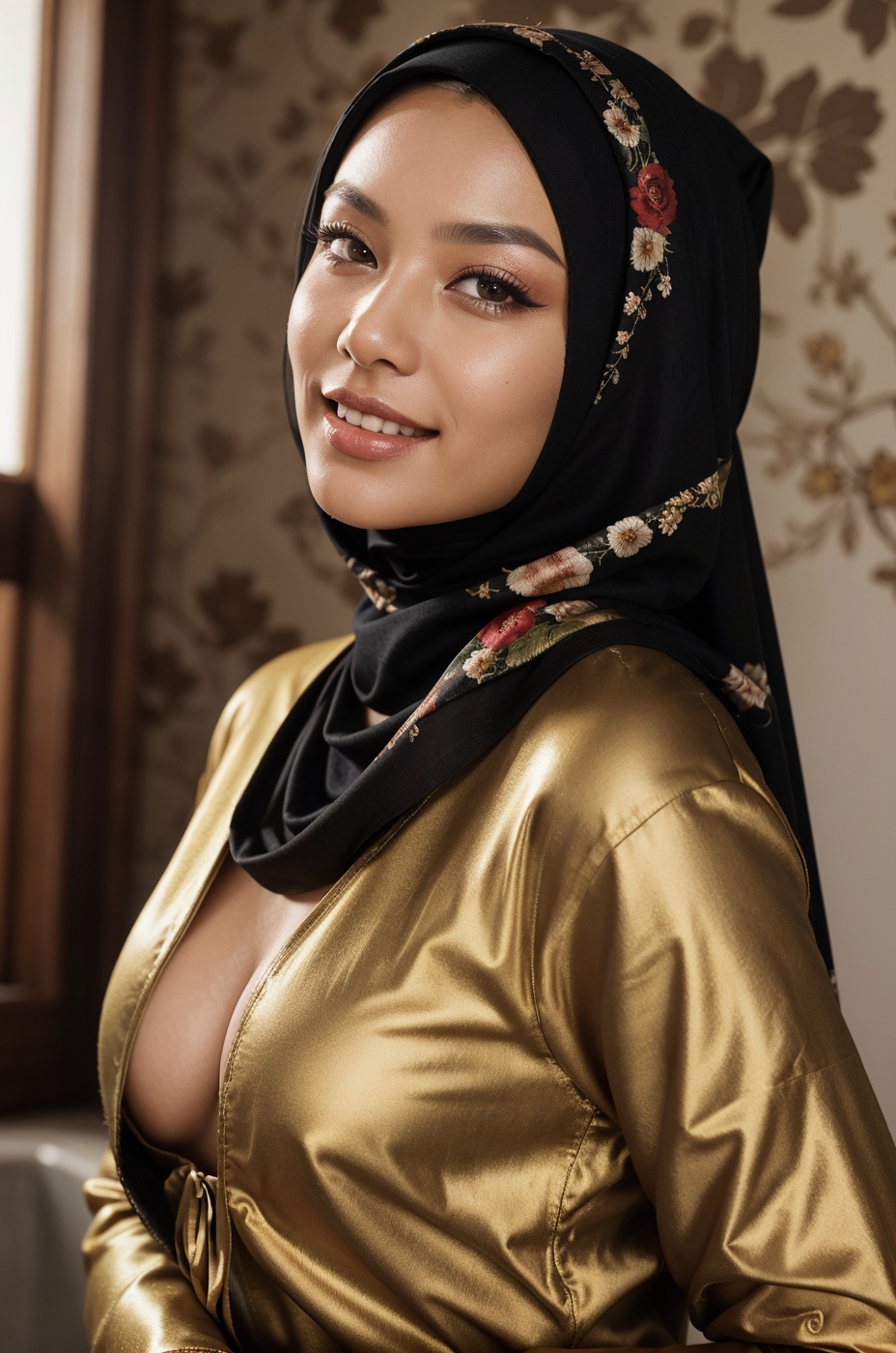 a indonesian HIJAB woman in a random color long sleeve top and red latex leggings,  stand,  indonesian girl face on Tensor...