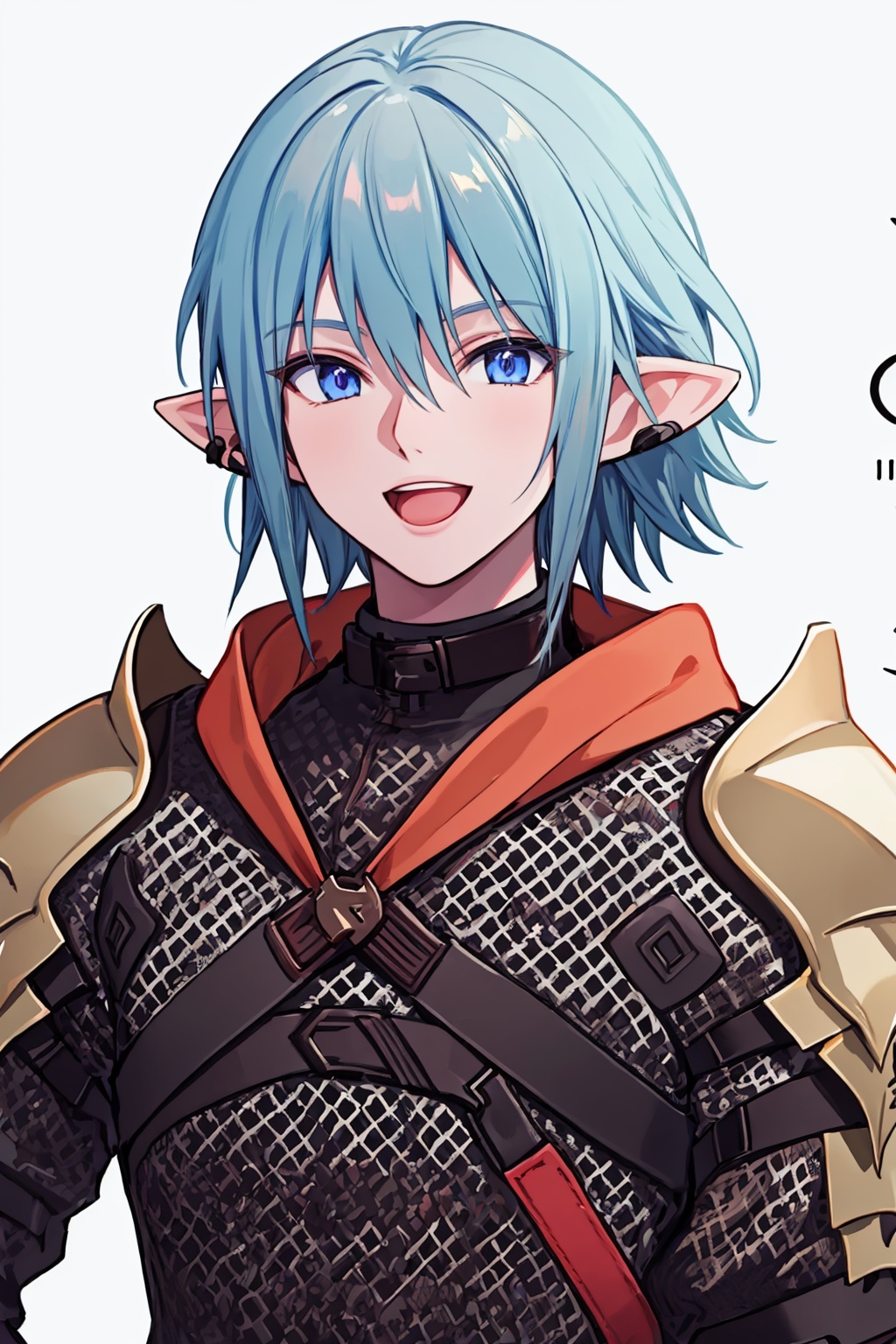 masterpiece,best quality, highly detailed, haurchefant greystone,solo,1boy,elezen,male focus,smile,looking at viewer,upper body,earclip,simple background,pauldrons,white background,open mouth,<lora:haurchefant_greystone:1>