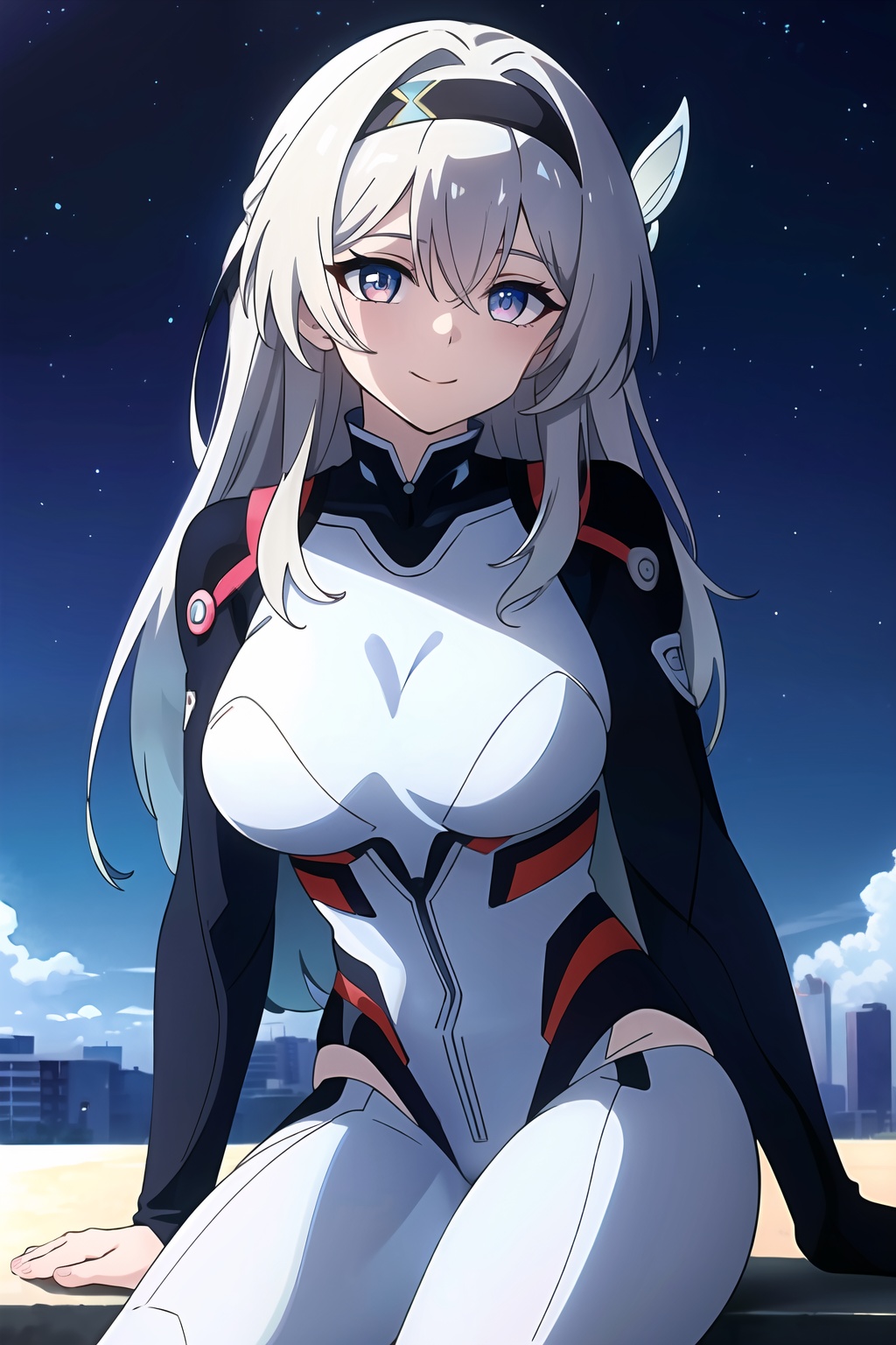 (masterpiece, best quality:1.2),insanely detailed,absurdres,ultra-highres,ultra-detailed,best quality,slender,kawaii,perfect symmetrical face,ultra cute girl,ultra cute face,ultra detailed eyes,ultra cute,ultra beautifu,<lora:firefly-000001:1>,firefly \(honkai: star rail\) \(pilot suit\),firefly \(honkai: star rail\),1girl,solo,breasts,long hair,hair intakes,multicolored eyes,hairband,grey hair,sitting,looking at viewer,black hairband,bodysuit,outdoors,white bodysuit,sky,smile,closed mouth,night,large breasts,blue pupils,hair ornament,plugsuit,bug,butterfly,butterfly hair ornament,