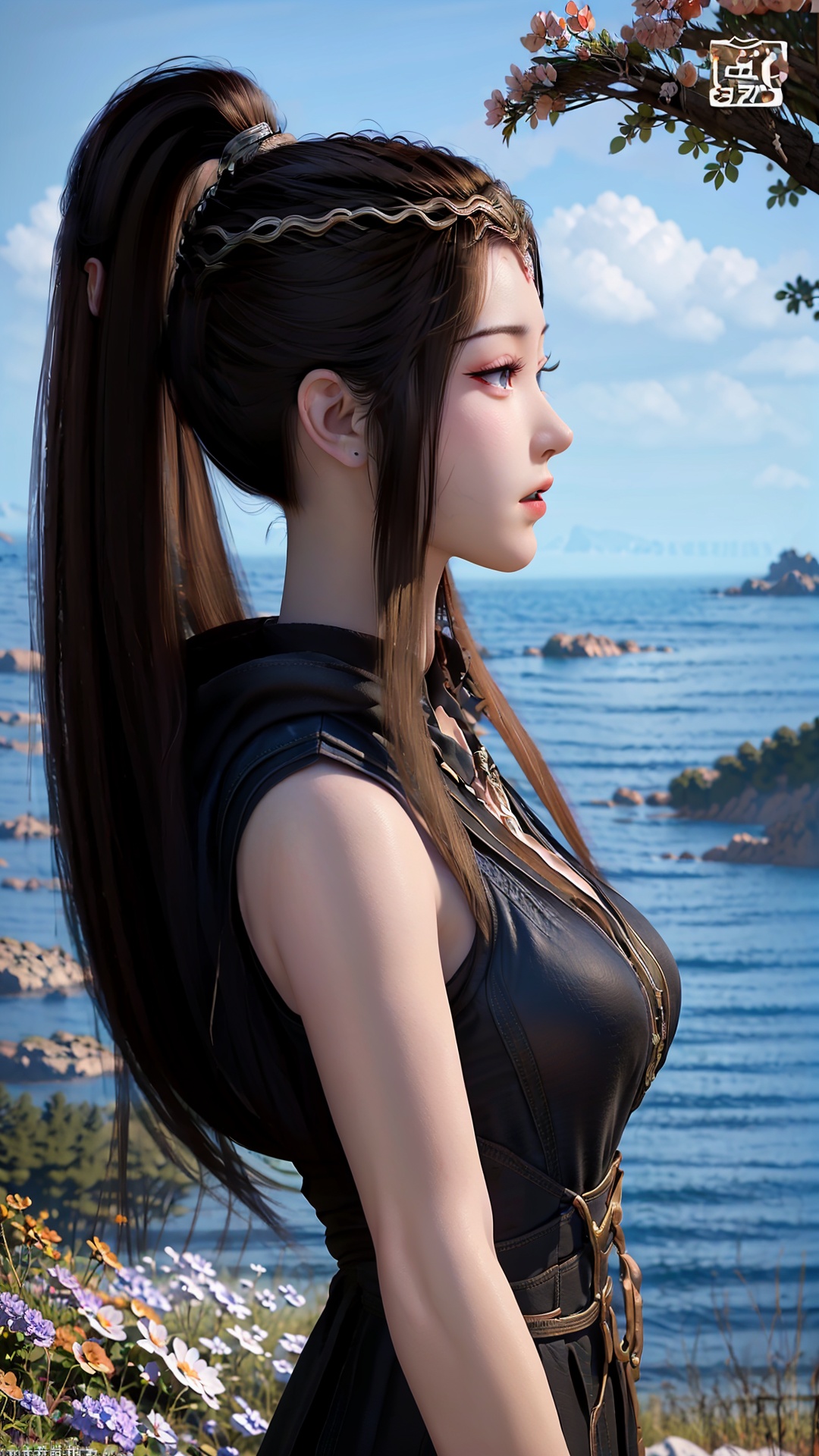 1girl, solo, long hair, hair ornament, sky, outdoors, blue sky, upper body, brown hair, day, water, blue eyes, dress, black hair, chinese clothes, ocean, ponytail, expressionless, looking to the side,<lora:粉色妆容强度调节滤镜:0.5>,huge filesize,reservoir,<lora:girl solo yuanyao_20240908025103:0.8>,