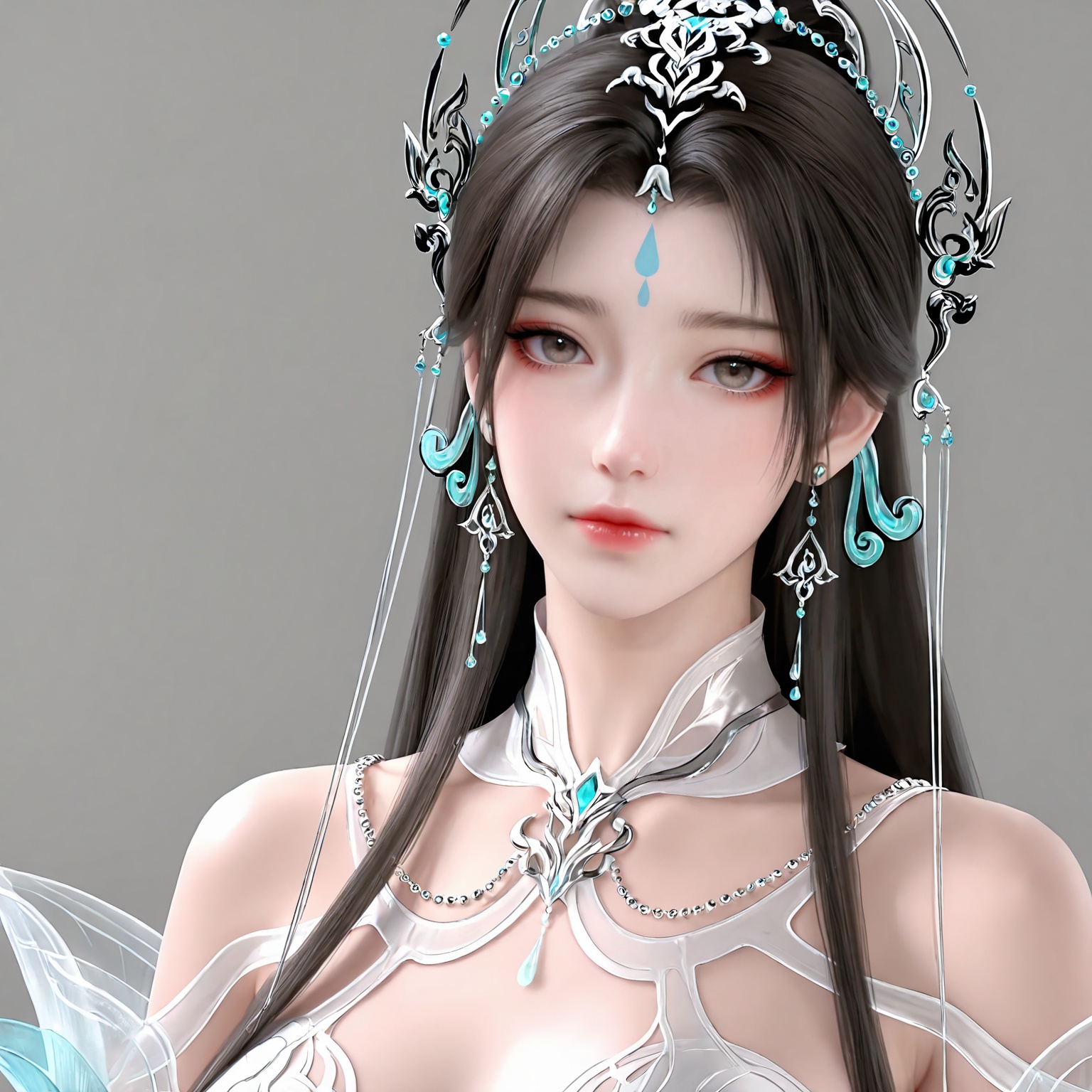 masterpiece,high quality,tall,game cg,highres,(soft light:1.2),white_skin,(shiny_skin:0.6),(realistic:1.1),lvjing,<lora:清漪·新建模ILL:0.6>,qingyi,1girl,solo,jewelry,upper body,long hair,earrings,hair ornament,forehead mark,dress,facial mark,white dress,closed mouth,looking at viewer,grey background,simple background,brown hair,black hair,