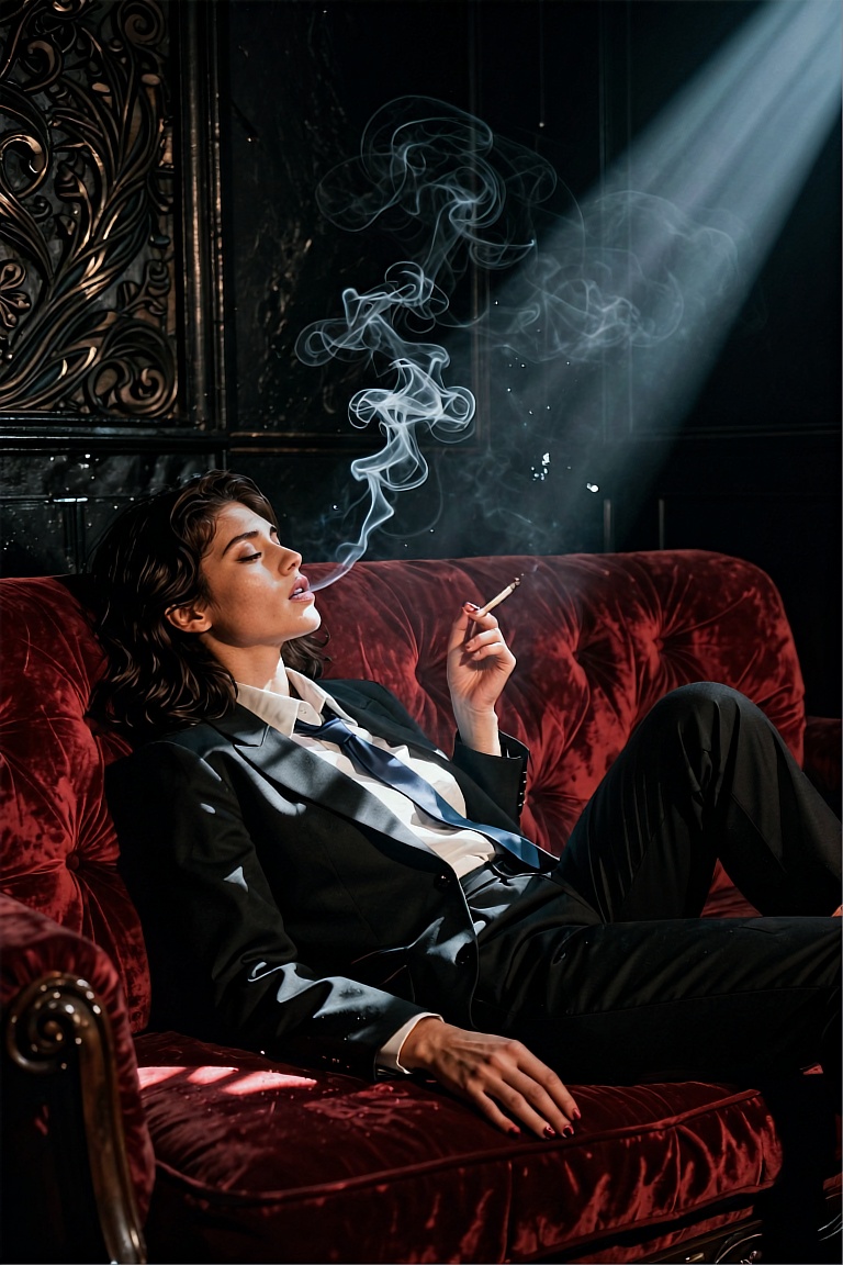 A high-contrast,  cinematic photograph in a dimly lit,  smoke-filled room captures a female figure lounging on a deep crim...