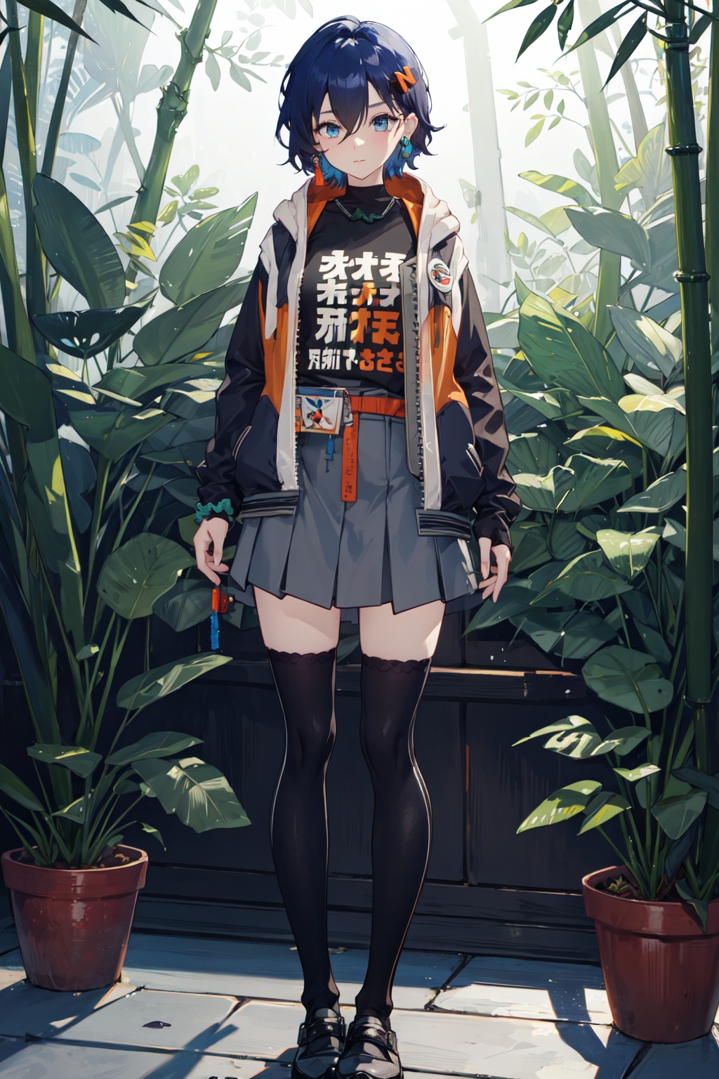 <lora:Belle-000018:0.8>,Belle CYQL,1girl,looking at viewer,solo,blue hair,short hair,hair between eyes,blue eyes,jewelry,hair ornament,hairclip,earrings,hood,jacket,shirt,black shirt,long sleeves,open clothes,open jacket,black jacket,multicolored clothes,fingerless gloves,wrist scrunchie,grey skirt,asymmetrical legwear,uneven legwear,single kneehigh,single sock,shoes,bored,panorama,With the drizzle subsiding, bamboo leaves are adorned with glistening droplets, and the air is so fresh it feels tangible. Sunlight pierces through sparse clouds, casting dappled shadows on the verdant bamboo stalks,beautiful detailed sky,beautiful detailed glow,posing in front of a colorful and dynamic background,masterpiece,best quality,beautiful and aesthetic,contrapposto,female focus,wallpaper,
