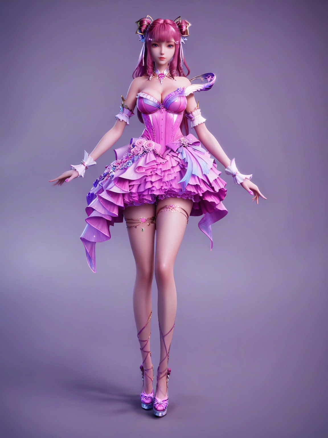 score_9,<lora:SF_ChenYingErSecondClothes_Pony_Realism2.3-000004:0.7>,hair ornament,pink dress,1girl,breasts,large breasts,standing,solo,looking at viewer,simple background,