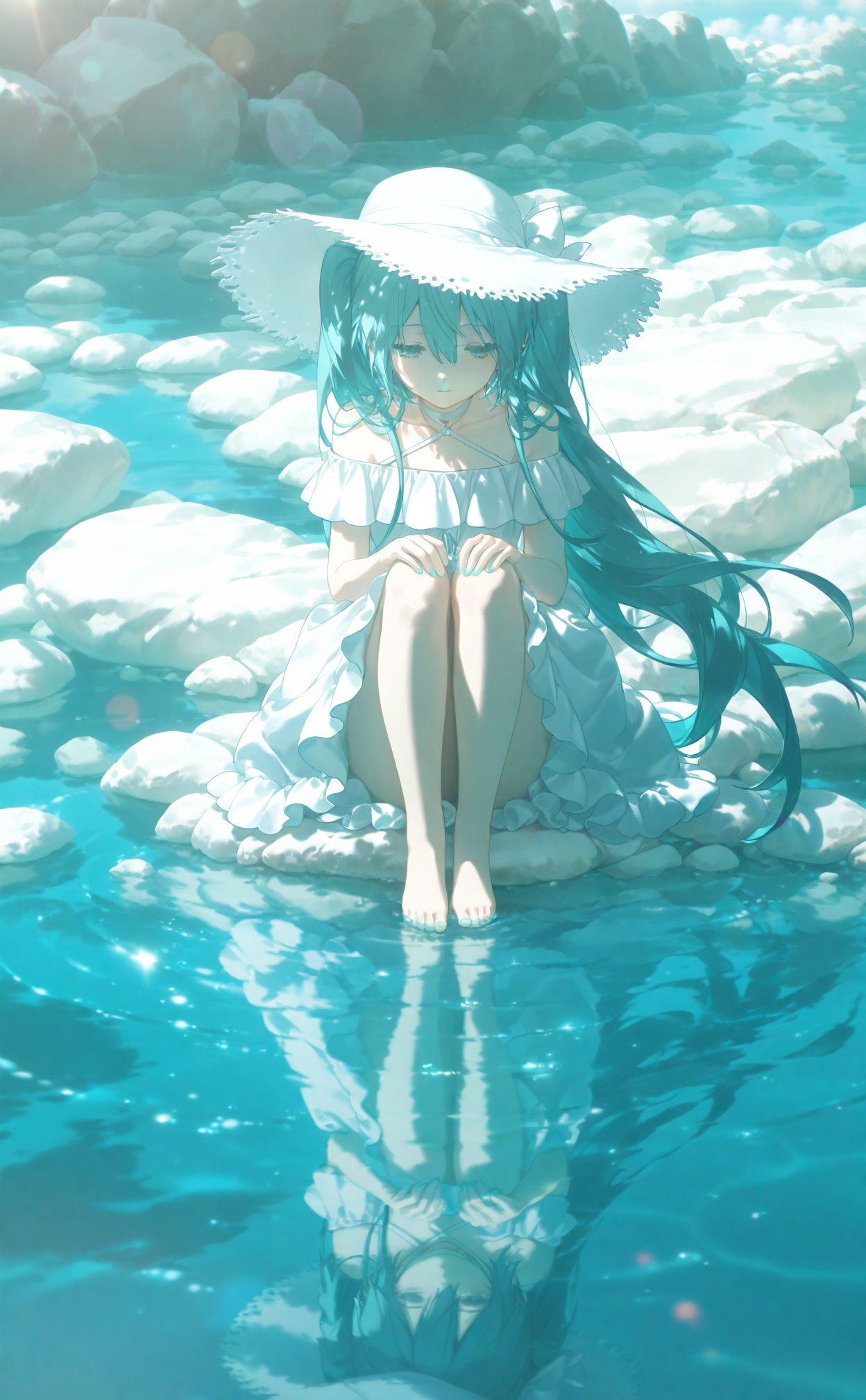 konya karasue,1girl, hat, dress, solo, reflection, white dress, aqua theme, hatsune miku, rock, long hair, sitting, water, reflective water, aqua hair, white headwear, outdoors, barefoot, aqua eyes, sun hat, hair between eyes, off-shoulder dress, off shoulder, twintails, bare shoulders, straw hat, hand on own knee, looking down, sundress, closed mouth, sitting on rock, halterneck, soaking feet, frills, ripples, blue eyes, sunlight, bare legs, half-closed eyes, caustics, very long hair, full body, hands on own knees, frilled dress, day, sky, knees up, cloud, lens flare, criss-cross halter, scenery, halter dress, floating hair, wide shot, expressionless, looking at viewer, aqua nails, light particles, glint, sidelocks, sparkle, collarbone, legs together, smile, blue theme, choker, white choker, blurry, diffraction spikes<lora:konya666up-000025:0.8>