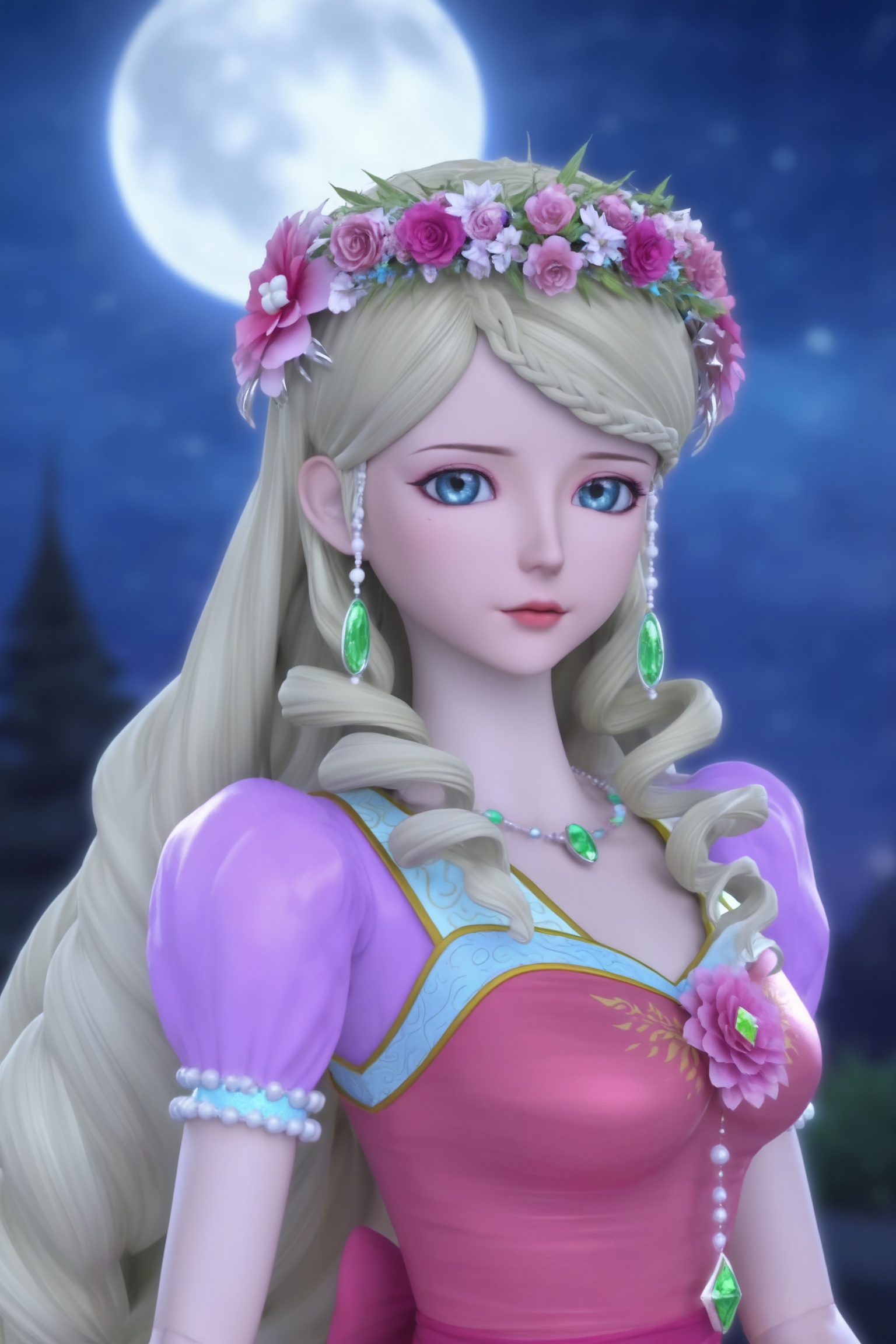 <lora:精灵梦叶罗丽-灵公主Pony:0.7>,1girl,long,flowing blonde hair,crown of pink flowers,blue eyes,flowing,pink dress with a fitted bodice with intricate floral and leaf patterns,puffy sleeves,green gemstone pendant,pink flower on wrist,1girl,solo,shiny,shiny_hair,upper_body,fair_skin,white_skin,shiny_skin,shiny,Ivory_skin,looking at viewer,cinematic lighting,volumetric lighting,solo focus,blurry background,depth of field,night,sky,night sky,full moon,moonlight,
