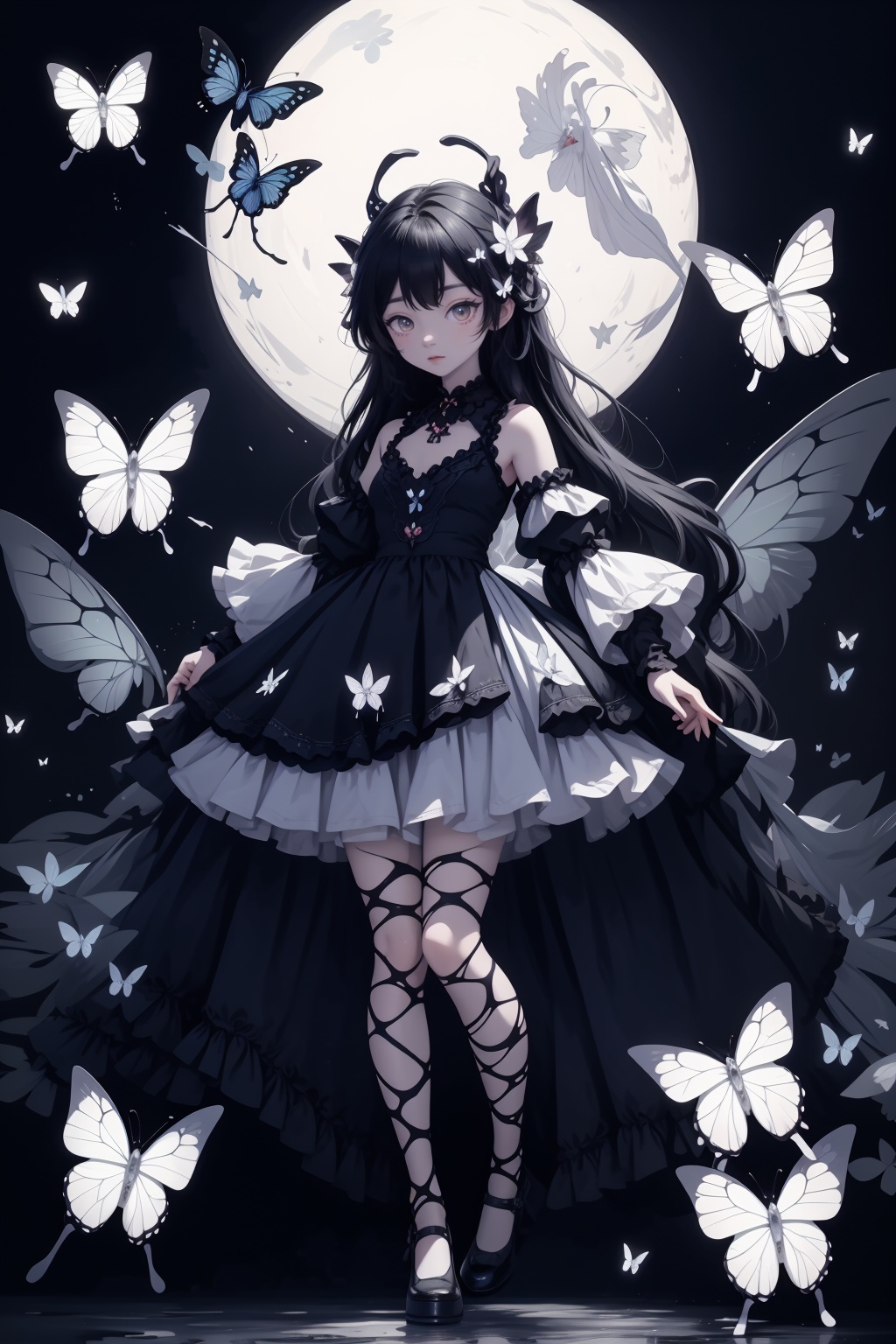 1girl,glowing eyes,(low exposure),frilly dress,extravagant dress,black and white accent,red ribbons,(bioluminescent butterfly),top view,under the tree shade,night scenery,((full body)),(arms behind back),<lora:lrw3:0.7>,