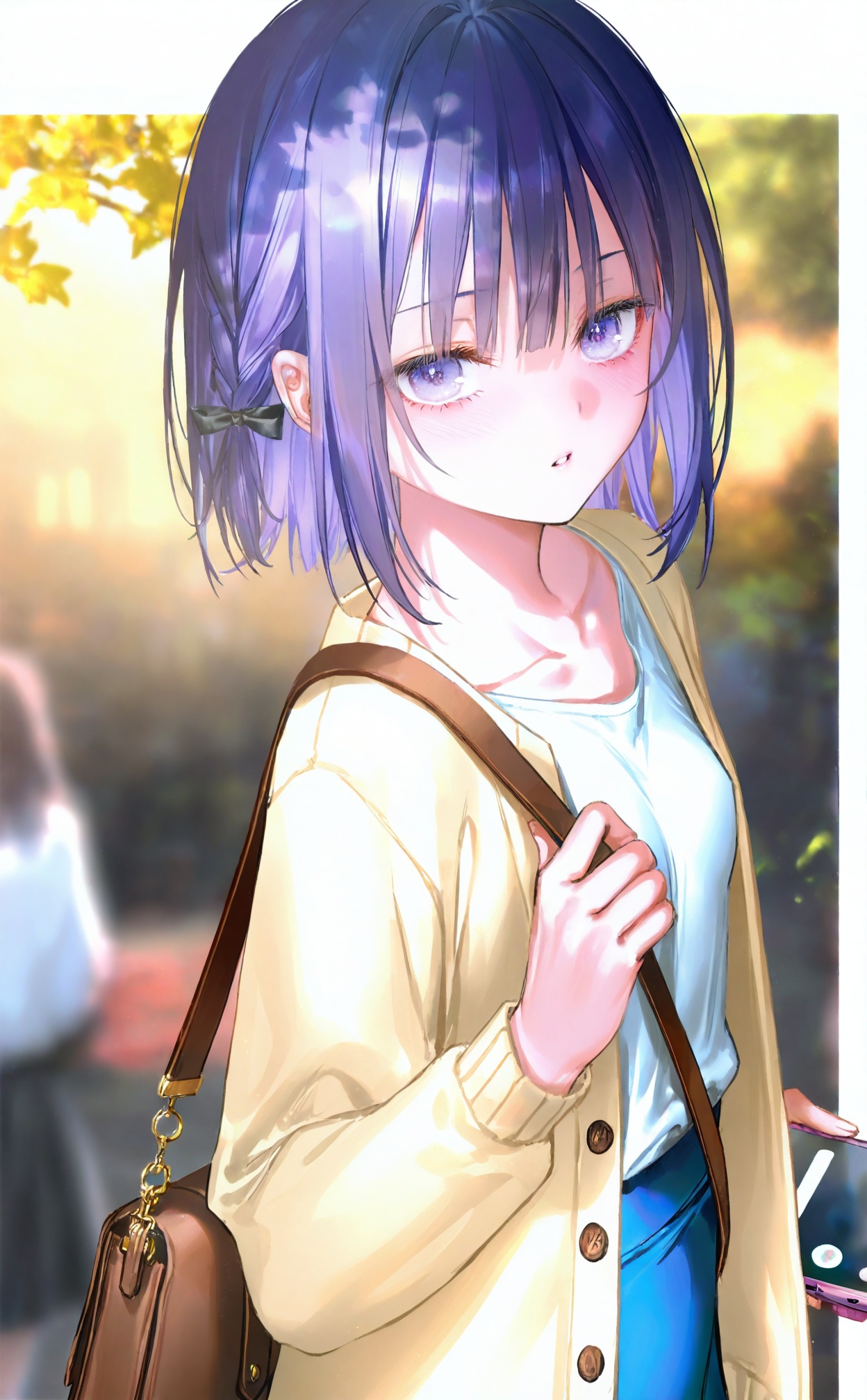 masterpiece,best quality,high quality,loli,{{artist:pottsness}},[[artist:onineko]][[artist:as109]],artist:ciloranko,artist:john kafka,artist:wanke,artist:betabeet,artist:quasarcake,(artist:alphonse \(white datura\):0.3),(artist:fkey:0.1),(artist:konya karasue:0.2),(artist:dino \(dinoartforame\):0.8),(wlop:0.7),1girl,solo,bag,phone,holding phone,purple eyes,blue skirt,holding,shirt,looking at viewer,white shirt,skirt,cellphone,blurry background,blurry,collarbone,short hair,blush,long sleeves,open clothes,smartphone,parted lips,outside border,braid,shoulder bag,purple hair,outdoors,open cardigan,cardigan,breasts,handbag,brown bag,border,brown jacket,medium breasts,depth of field,white border,eyes visible through hair,jacket,shirt tucked in,(Artist:toosaka asagi),
