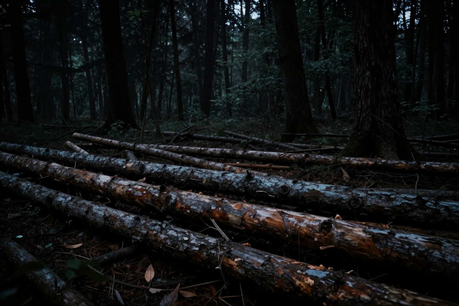 Dark Moody Atmosphere,  Photorealistic:1 Dark Chiaroscuro Lighting Style cinematic film style a forest with a lot of logs...