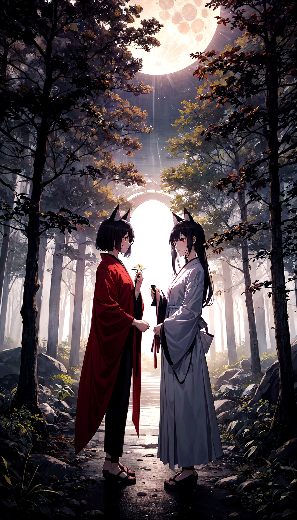 Two young yokai girls,  Inugami and Shirachigo,  stand together in a moonlit forest clearing. Inugami on Tensor.Art