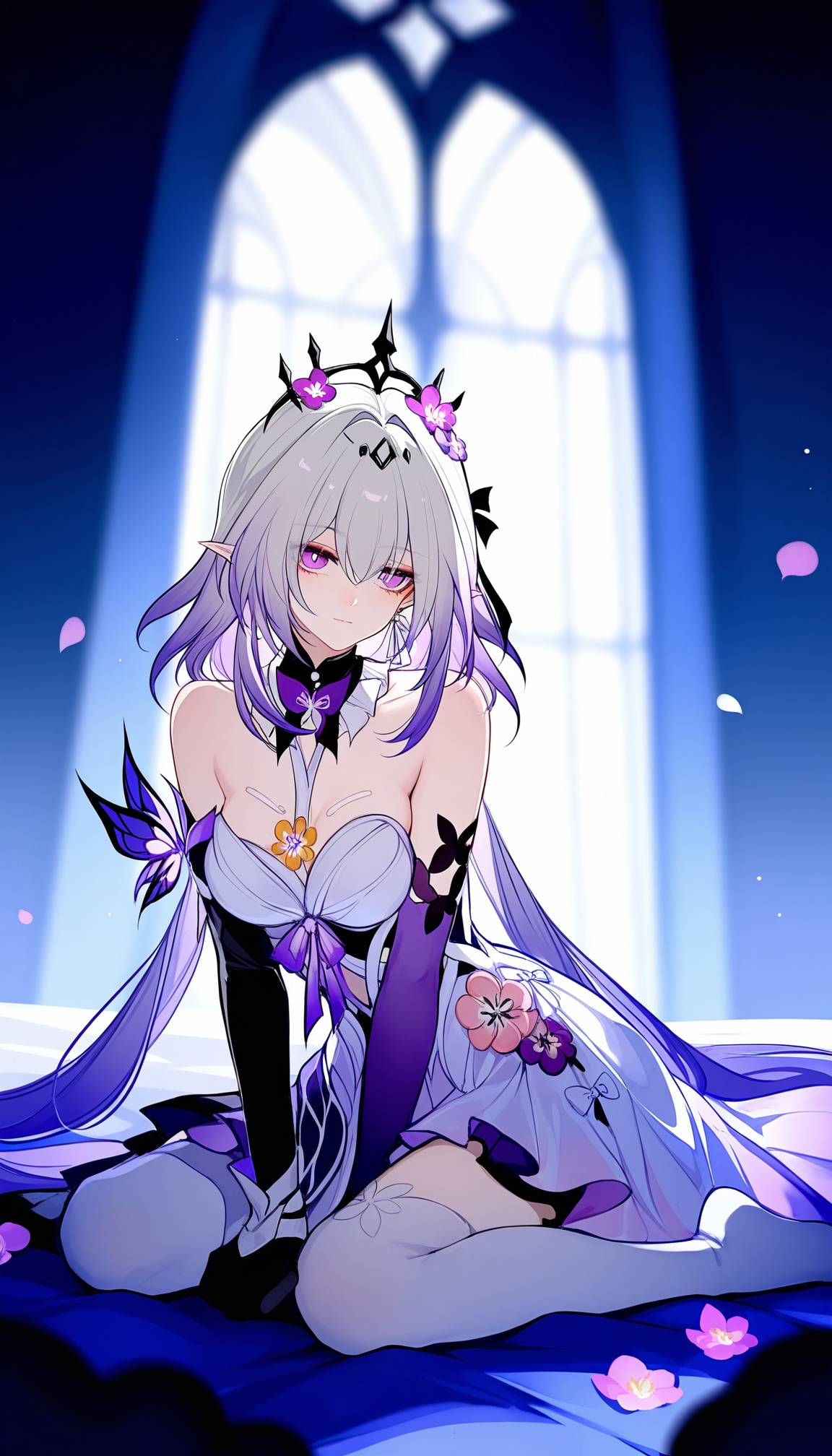 xiadie,a girl named xiadie,1girl,solo,bare shoulders,white dress,black gloves,purple gloves,elbow gloves,purple flower,white thighhighs,<lora:瑕蝶noob:1>,indoors,bedroom,wariza,expressionless,light smile,honkai: star rail,year 2024,(sheya:0.2),(ooo_wange:1),(wlop:0.0),very awa,very as2,best quality,masterpiece,best quality,absurdres,highres,newest,