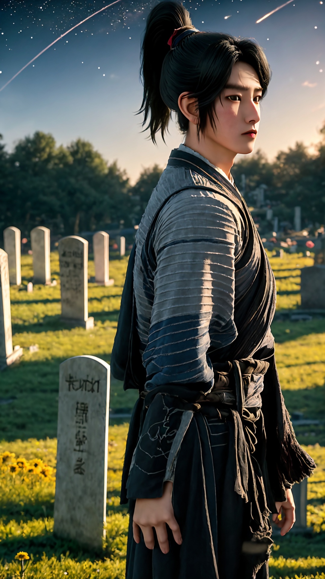 solo,blurry background,black hair,looking at viewer,realistic,black eyes,lips,closed mouth,scar,short hair,ponytail,day,<lora:Chenpingan Boy_20240906021908:0.8>,1boy,<lora:20240601-1717253745719:0.7>,<lora:美颜lora:0.6>,old,ponytail,cowboy_shot,medium_shot,<lora:hanfu_20231118200453:0.8>,starry sky,flowers meadows,tombstone,graveyard,grave,
