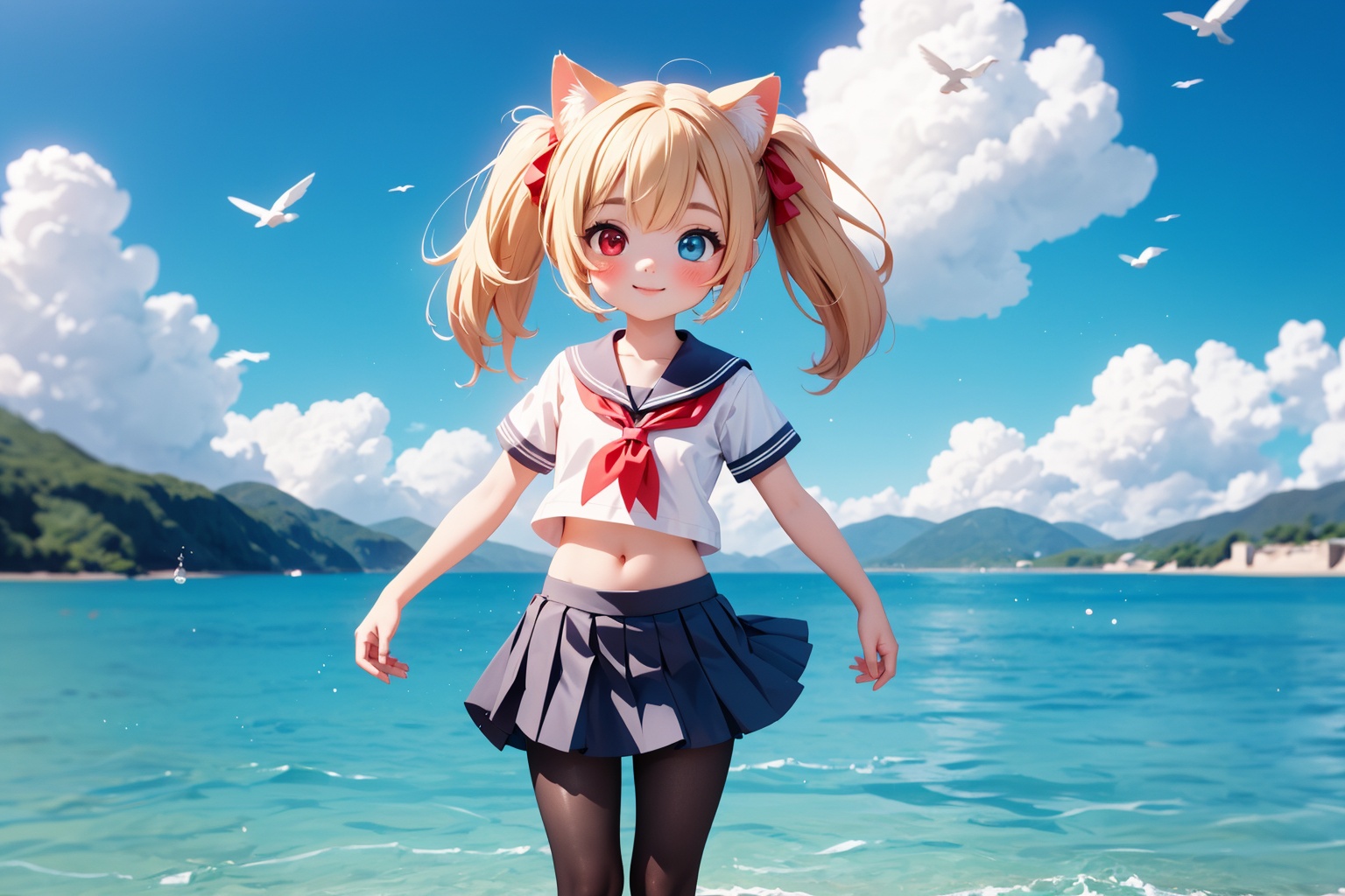 1girl,bangs,beach,bird,black legwear,(heterochromia:1.4),(red eyes:1.4),(blue eyes:1.4),blonde hair,cat ears clouds,blue sailor collar,blue skirt,blue sky,blush,red bow,closed mouth,cloud,cloudy sky,condensation trail,day,eyebrows visible through hair,floating hair,hair bow,horizon,island,lake,lighthouse,very long hair,looking at viewer,midriff,mountain,navel,neckerchief,ocean,outdoors,pantyhose,partially underwater shot,pleated skirt,red neckerchief,sailor collar,school uniform,seagull,shirt,shore,short sleeves,blonde hair,skirt,sky,smile,solo,standing,standing on liquid,sunlight,twintails,wading,water,waves,wet,white shirt,wind,