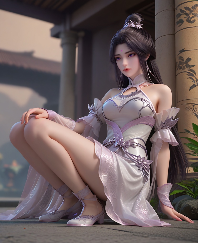 (oriental architecture, elegant decor, sophisticated style:1.1),Crouch and Ready, Squatting down, hands on the ground, ready to launch into action,,(breasts:1.2),<lora:XL16完美世界月婵:0.95>,miss yuechan,solo,pinkish white corset,sash,pinkish white sheer fabric skirt,purple eyes,forehead jewel,traditional chinese updo,black hair,very long hair,hair ornament,bare shoulders,detached sleeves,wristband,white strappy sandals,, zPDXL2, score_9, score_8_up, score_7_up BREAK realistic, masterpiece,best quality, highly detailed,, zPDXL3, zPDXL2,zPDXL, zPDXLxxx, zPDXLrl,