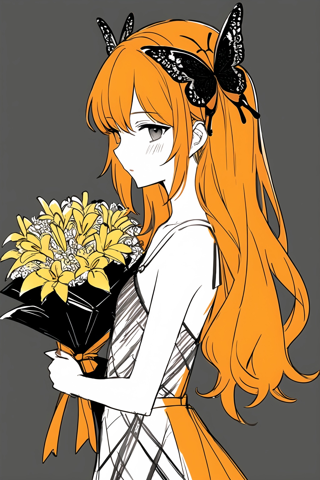 butterfly hair ornament,flat chest,(ambiguous gender:1.2),plain clothes,holding a bouquet of lilies,(from side:0.7) (sketch:1.3),charcoal drawing,rough drawing,selective color monochrome((White, Yellow, Orange)),partial coloring,golden edge,<lora:Rabbit_B:0.3>,