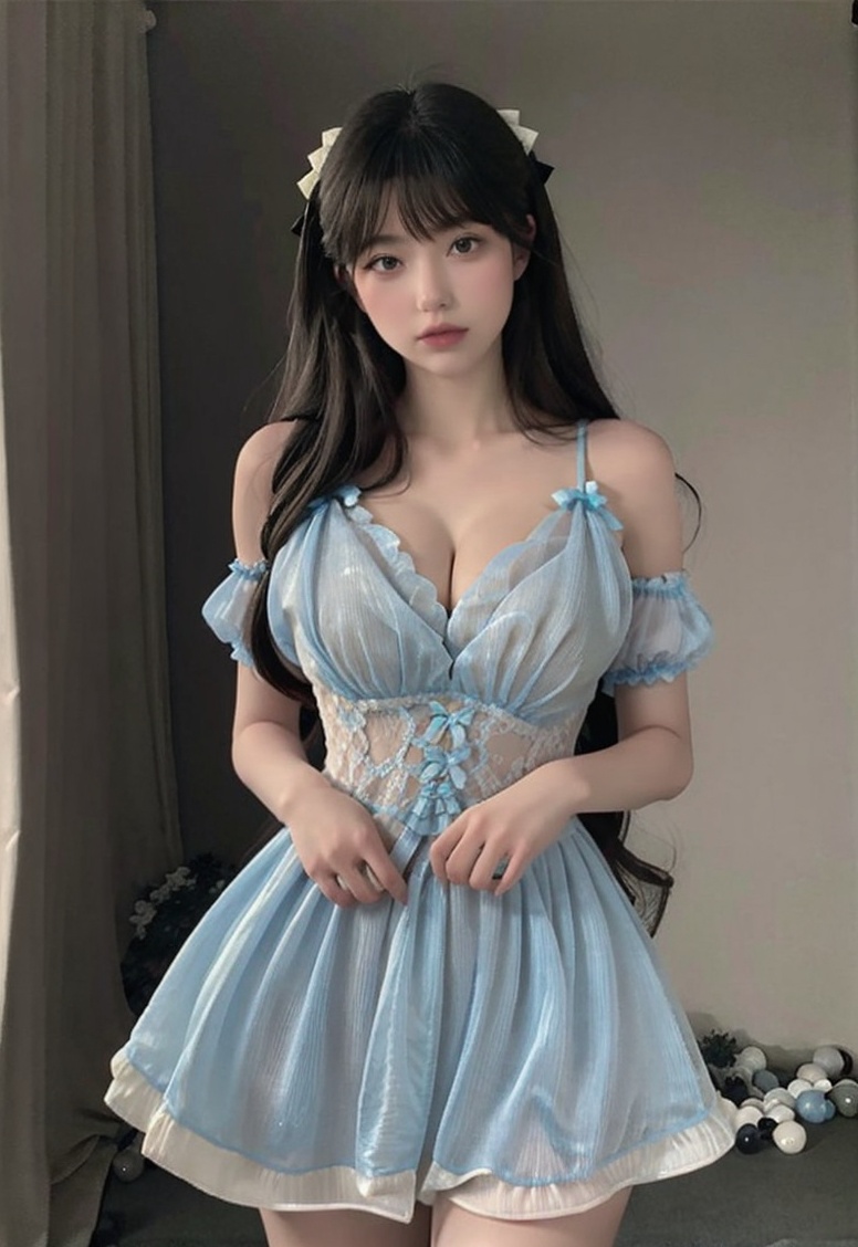 (masterpiece, best quality:1.4),finely detailed,1girl,solo,pale skin,perfect body,standing,<lora:killer性感冰蓝色蝴蝶结仙女连衣裙v1.0-000008:0.8>,bare shoulders,bluedress,bow,see-through,big breasts,