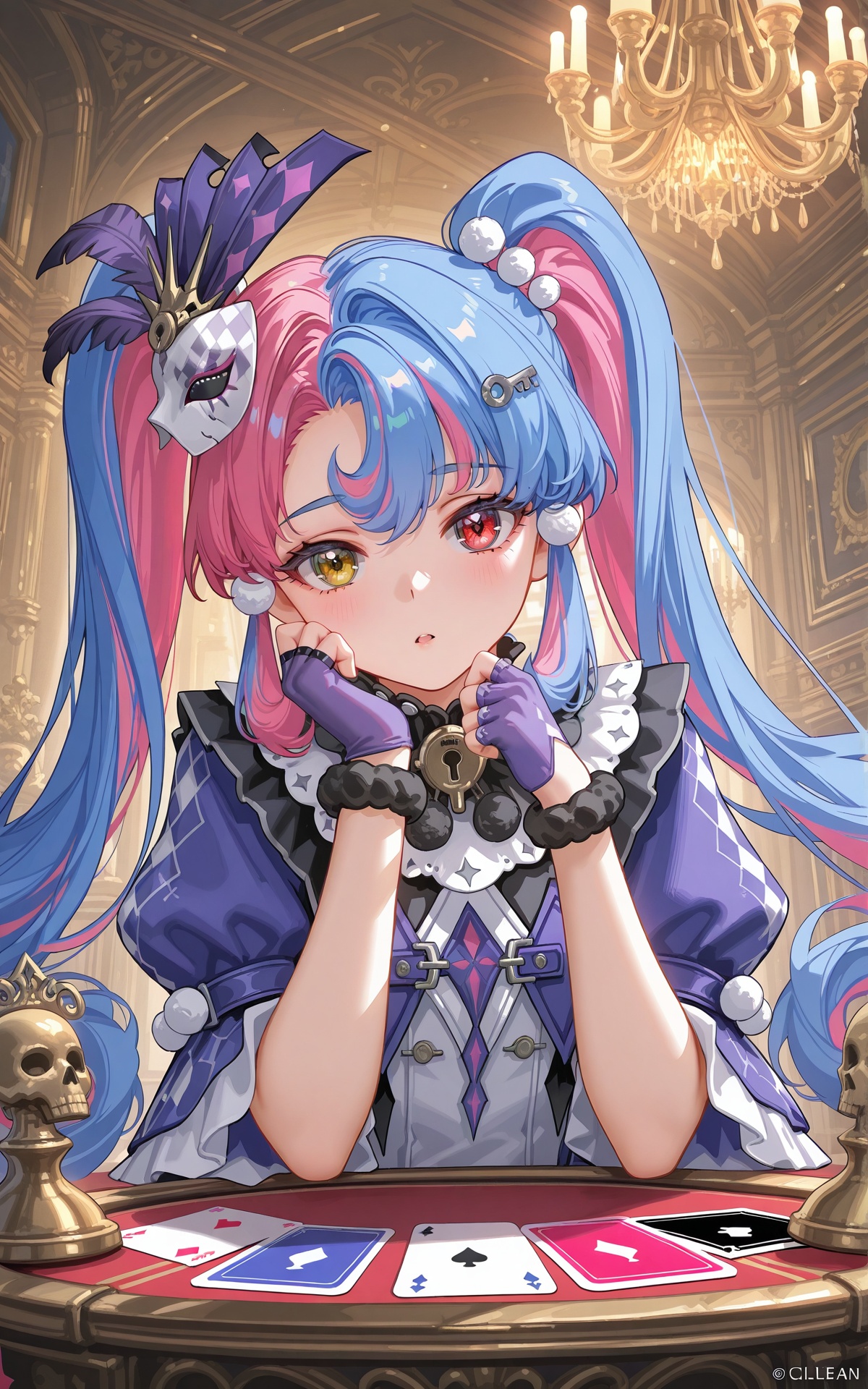 8k,best quality,masterpiece,(ultra-detailed),(high detailed skin),((artist:reoen),(artist:fuzichoco),(artist:atdan),(artist:torino_aqua),year 2024:0.8),[artist:wlop],[artist:ningen_mame],artist:ciloranko,[[artist:rhasta]],artist:tidsean,colorful,<lora:xl-ill-roccia_(wuthering_waves)_v1-000010:0.8>,roccia\(wuthering waves\), 1girl, solo, twintails, blue hair, heterochromia, yellow eyes, pink hair, multicolored hair, card, hair ornament, long hair, red eyes, blush, looking at viewer, heart, dress, playing card, skull hair ornament, gloves, mask, open mouth, bow, upper body, purple gloves, diamond \(shape\), parted bangs, two-tone hair, parted lips