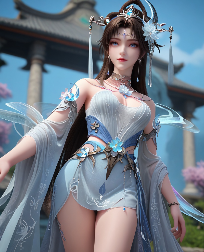 (oriental architecture, elegant decor, sophisticated style:1.1),Standing with arms stretched upwards, reaching for the sky,,(breasts:1.2),<lora:XL16完美世界邀月公主:0.95>,princess yaoyue,white corset mermaid gown with front thigh-high slit,blue eyes,black hair,draped looped buns with long cascading hair,very long hair,crescent crystal ornament,hair ornament,jewelry,hagoromo,wide flowing sleeves,, zPDXL2, score_9, score_8_up, score_7_up BREAK realistic, masterpiece,best quality, highly detailed,, zPDXL3, zPDXL2,zPDXL, zPDXLxxx, zPDXLrl,