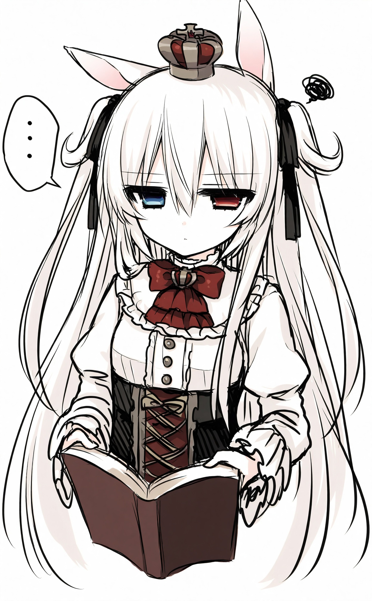 masterpiece,absurdres,best quality,((petite)),loli,high quality,white theme,//,1girl, heterochromia, solo, long_hair, ..., crown, animal_ears, book, white_hair, red_eyes, spoken_ellipsis, blue_eyes, two_side_up, ribbon, sketch, mini_crown, dress, gothic_lolita, white_background, lolita_fashion, simple_background//,<lora:月影ネム——【CKXL】hans:1>,