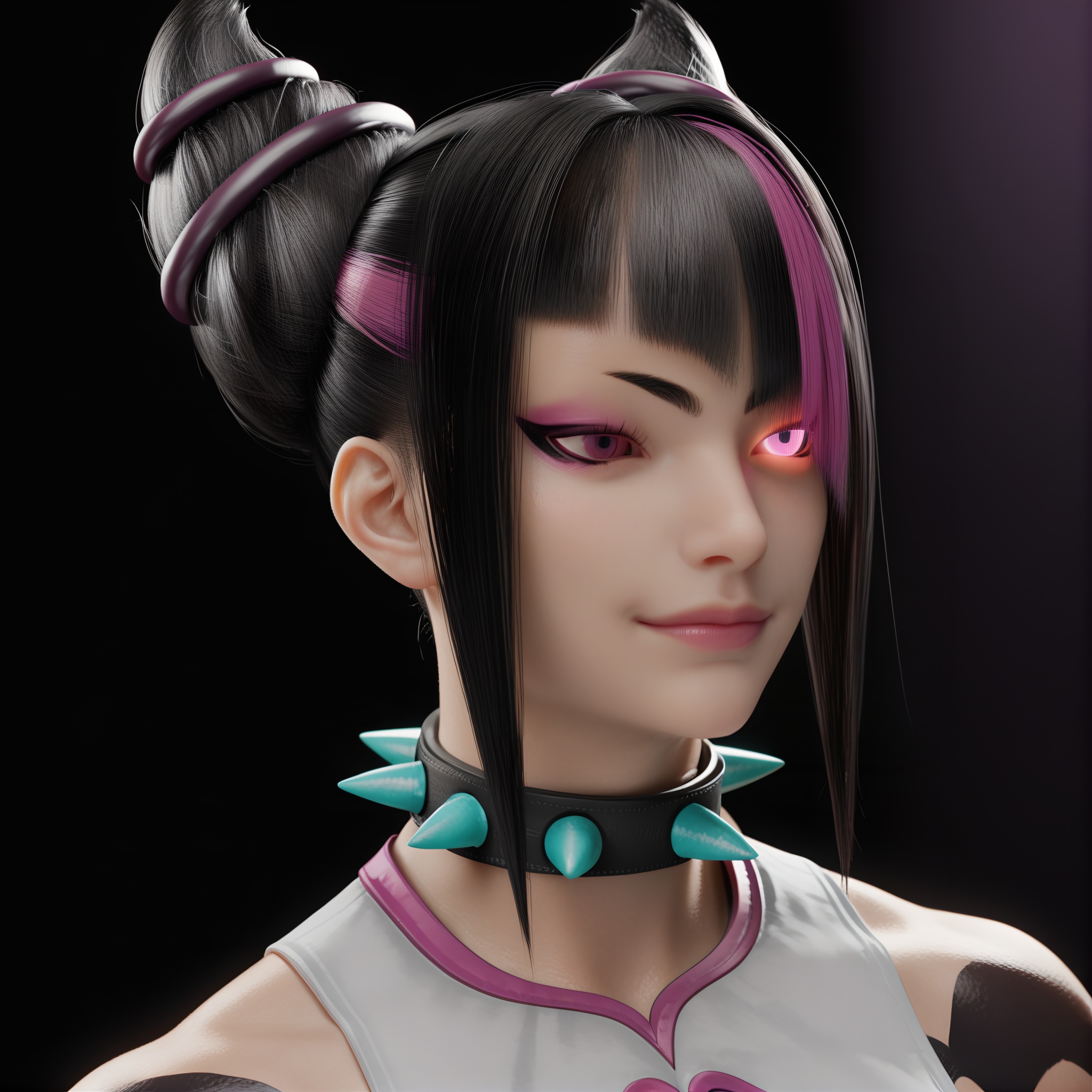 masterpiece,best quality,absurdres,highres,<lora:HanJuri_ill-000009:0.83>,upper body,half-closed eyes, 1girl,solo,han juri,hair horns,black hair,spiked choker,streaked hair,pink streak,pink eyeshadow,purple eyes,glowing eye,light blush,light smile,(white_skin),(pale_skin),fair_skin,<lora:IL色相饱和:0.5>,<lora:IL色温:-0.5>,rim light,Volumetric Lighting,Tyndall effect,Cinematic Lighting,fantasy,