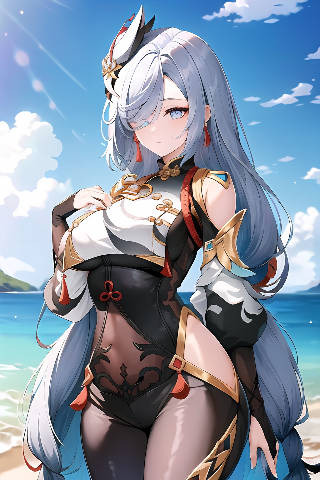 (masterpiece, best quality:1.2),insanely detailed,absurdres,ultra-highres,ultra-detailed,best quality,slender,kawaii,perfect symmetrical face,ultra cute girl,ultra cute face,ultra detailed eyes,ultra cute,ultra beautifu,<lora:shenheh-000001:1>,shenhe\(the world's shackles\),shenhe \(genshin impact\),1girl,solo,long hair,hair ornament,hair over one eye,bare shoulders,breast curtain,black bodysuit,hip vent,breasts,nail polish,partially fingerless gloves,grey hair,tassel,tassel earrings,jewelry,clothing cutout,high heel sandals,gold trim,long sleeves,detached sleeves,backless outfit,outdoors,multicolored eyes,looking at viewer,standing,