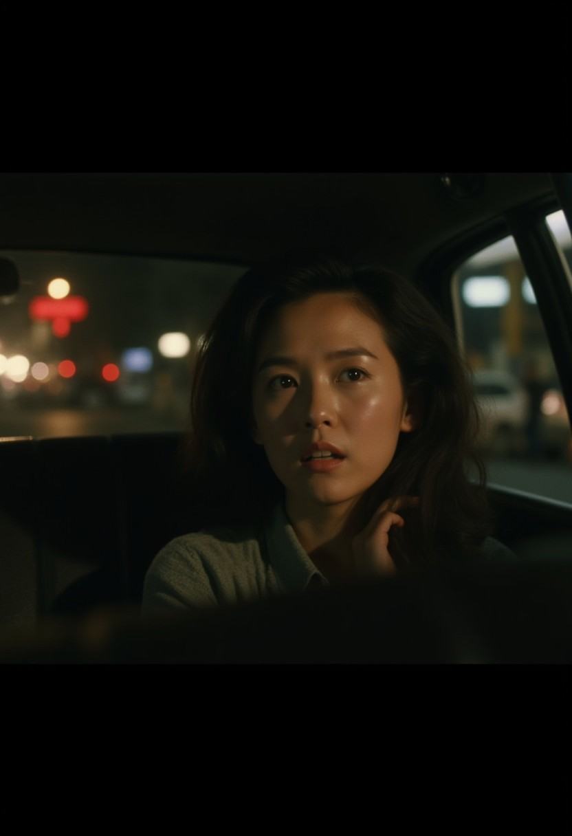 A Quiet Moment in a Taxi: The scene is set inside a dimly lit taxi at night. A woman sits in the back seat,  her face soft...