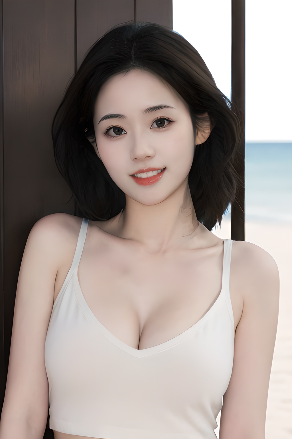 <lora:0827_04:0.7>simple background, 1girl,flower,brown hair,realistic,looking at viewer,hair flower,outdoors,sleeveless,hair ornament,shirt,breasts,smile,day,beach,solo,sleeveless shirt,masterpiece,best quality,picture-perfect face,ultra realistic 8k cg,(cleavage:1.2),, 1girl,realistic,masterpiece, best quality, photorealistic, HDR,detail