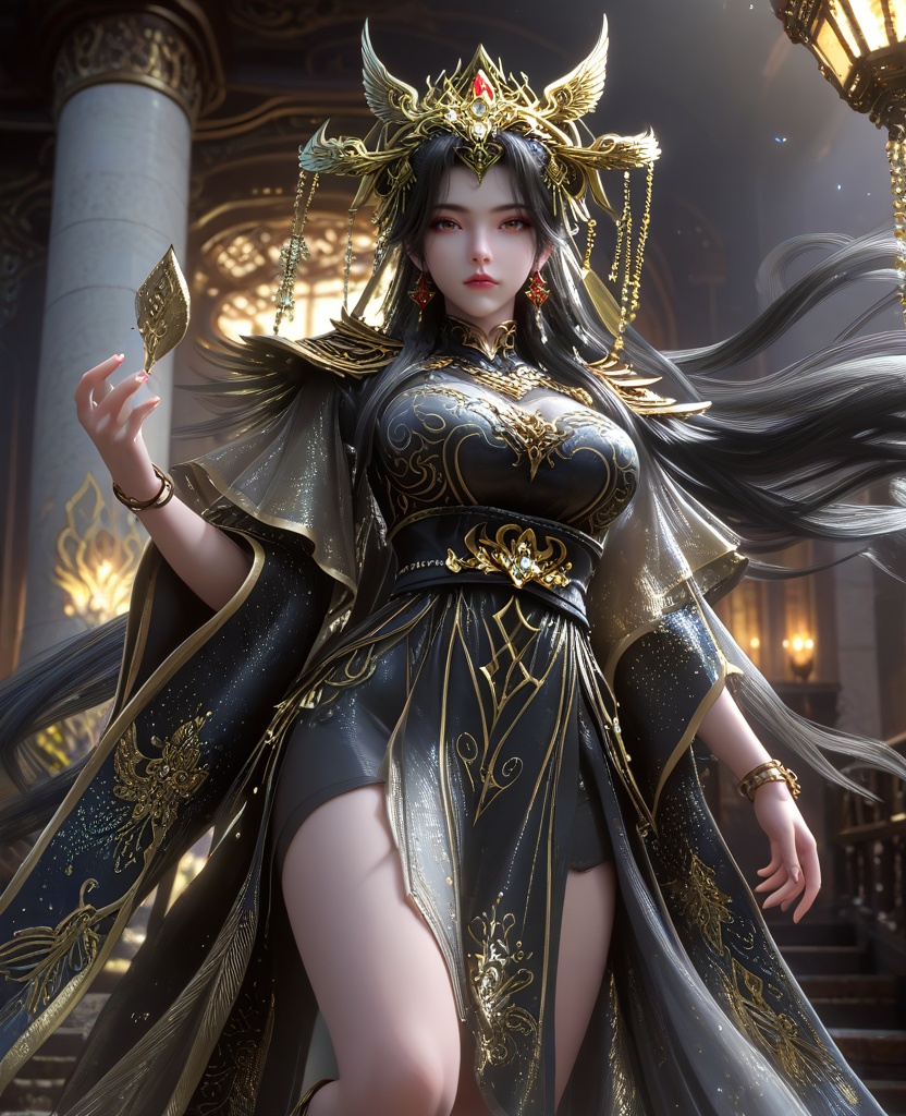 (hurdle race,jumping:1.1),looking at viewer,(large breasts:1.2),<lora:XL16云深不知梦炽阳瑾:0.95>,miss chiyangjin,black tiered dress,brown eyes,black hair,absurdly long hair,half-up braid with long cascading hair,hair ornament,earrings,jewelry,sash,shoulder armor,bracelet,wide sleeves,see-through overdress,clothing cutout,, score_9,score_8_up,score_7_up,score_6_up,score_5_up,score_4_up,3d rendering,tag1,tag2, Cinematic Lighting,backlighting,