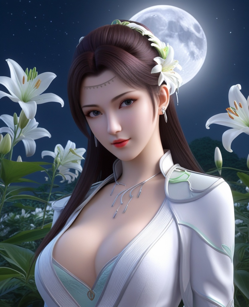 <lora:576-DA-XL-斗破苍穹-云韵-白服:0.8>(,1girl, ,best quality, ),looking at viewer,  ,ultra detailed background,ultra detailed background,ultra realistic 8k cg, , ,masterpiece, (( , )),, ultra realistic 8k cg, ,      ,lily \(flower\) ,full moon ,strawberry blossoms      (cleavage), (),