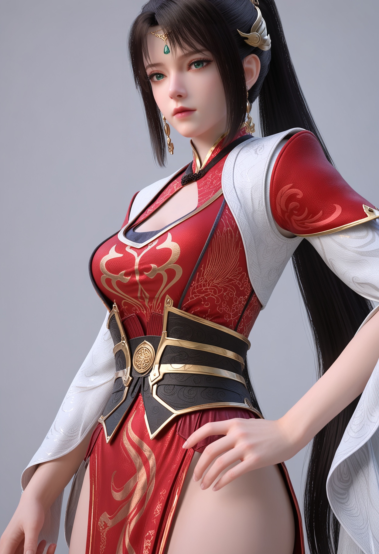 score_9,high detail,best quality,cinematic lighting,volumetric lighting,shiny skin,shiny,nanmingyushu,1girl,solo,green eyes,black hair,hair ornament,white background,jewelry,long hair,dress,simple background,ponytail,closed mouth,red dress,realistic,earrings,chinese clothes,clothing cutout,cleavage cutout,forehead jewel,breasts,expressionless,looking at viewer,thighs,<lora:Pony_DetailV2.0:0.8>,<lora:皮肤凹痕:0.1>,<lora:QQSponynanmingyushuV1:0.8>,