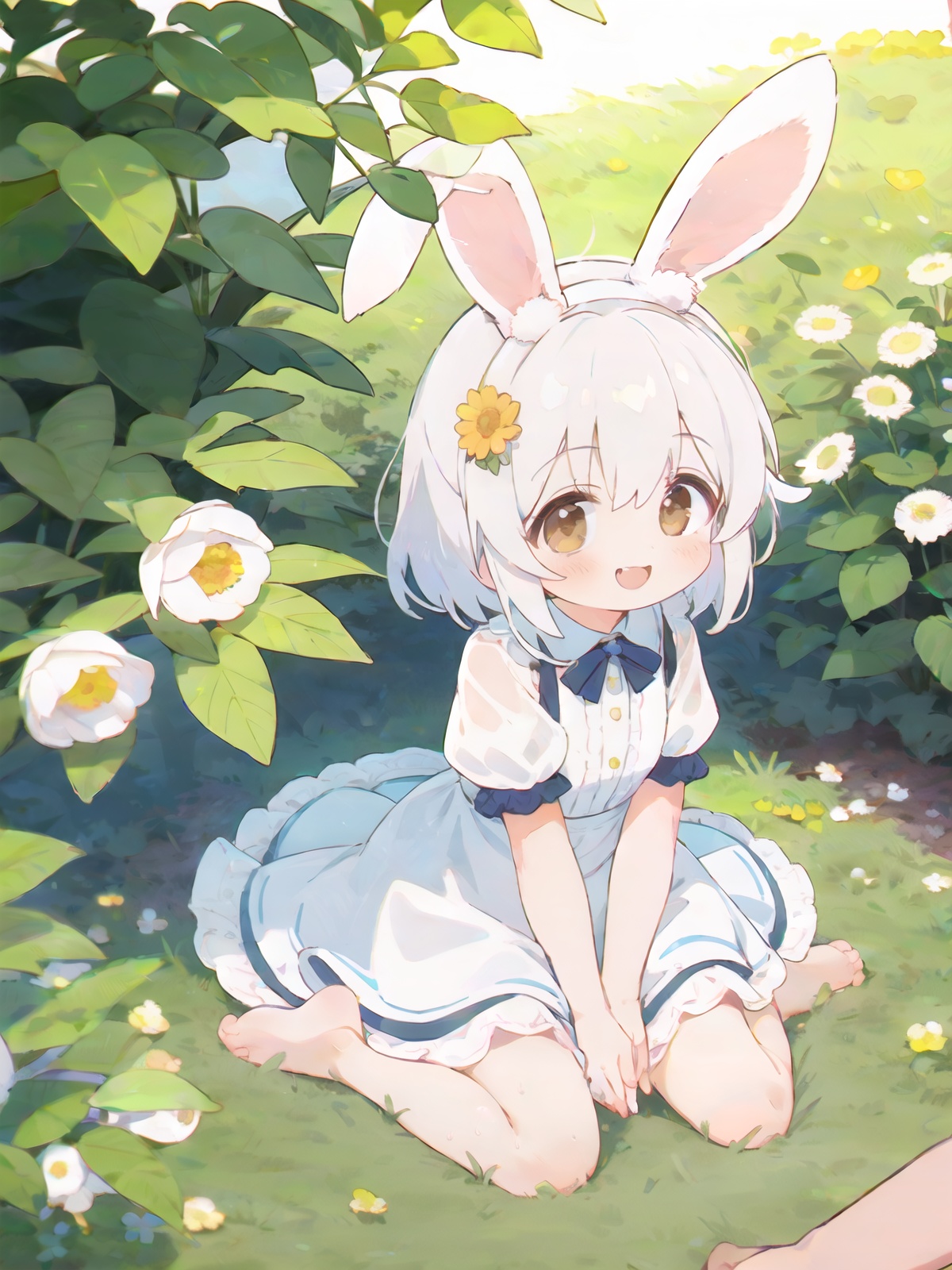 1girl,solo,solo focus,(animal ears, rabbit ears),barefoot,knees up,dress,sitting,short sleeves,looking at viewer,grass,short hair,smile,white hair,puffy sleeves,outdoors,puffy short sleeves,bangs,on ground,full body,animal,sunlight,brown eyes,dappled sunlight,day,depth of field,open mouth,(flower, hair flower),w,wariza,white dress,, (masterpiece,best quality,ultra_detailed,highres,absurdres:1.2)