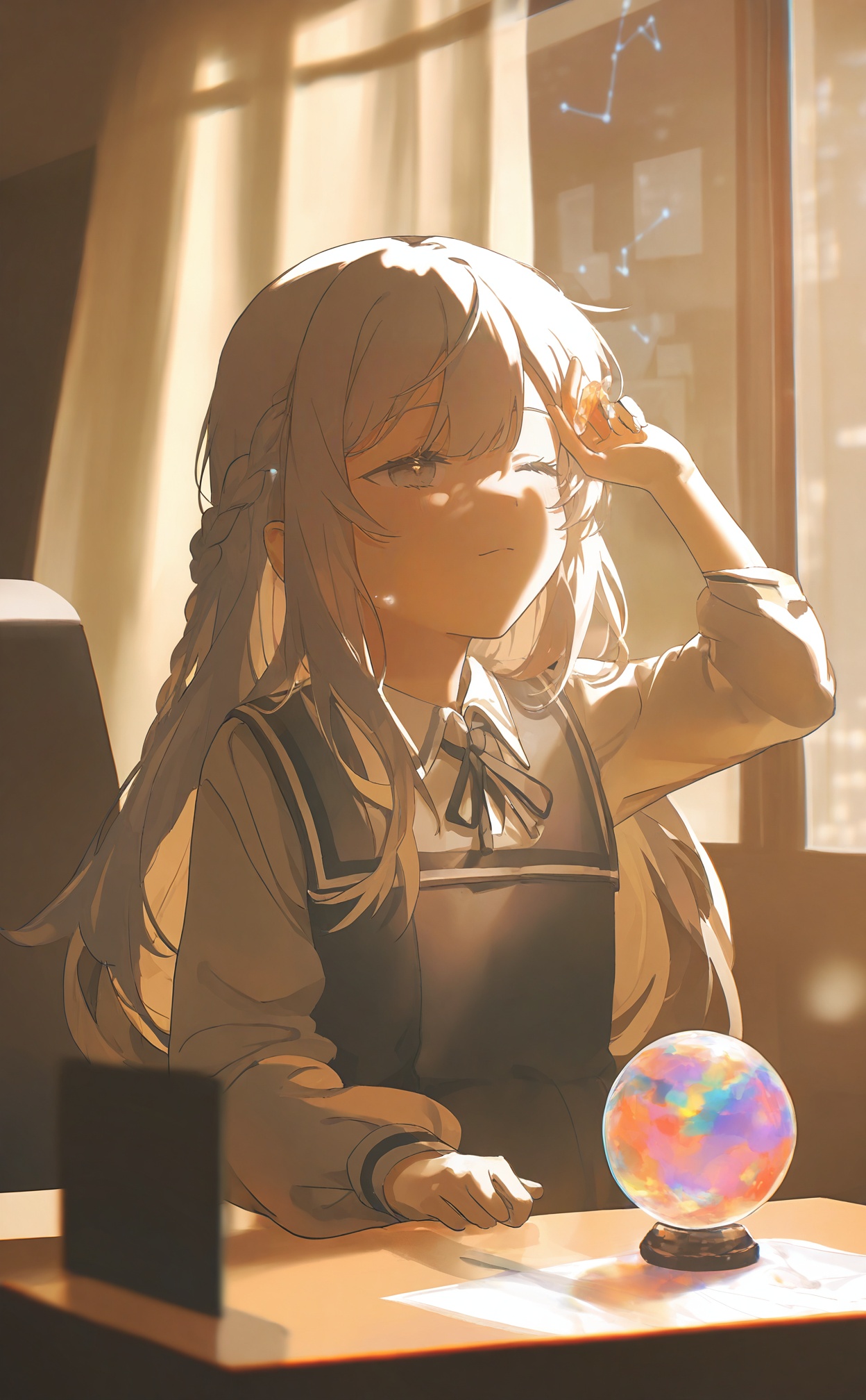 masterpiece,highres,absurdres,newest,best quality,high quality,loli,petite,chromatic_aberration,//,,illustration,ultra detailed,hdr,Depth of field,(colorful),Office,desk,office documents on desk,windows,curtains,sunlight through windows,Tyndall light,Sit behind a desk in front of the window and sleep on your tummy 1 girl,warm theme,solo,watercolor theme,gray hair,long hair,wink,dress,shut up,bust,sitting at desk with one hand supporting head,flat color,norlin art,glass ball,small fish ****,braid,wink,bust (sculpture),constellation,flat color,male focus,office,cozy animation scenes//,<lora:konya_karasue2——【noob】hans:0.8>,