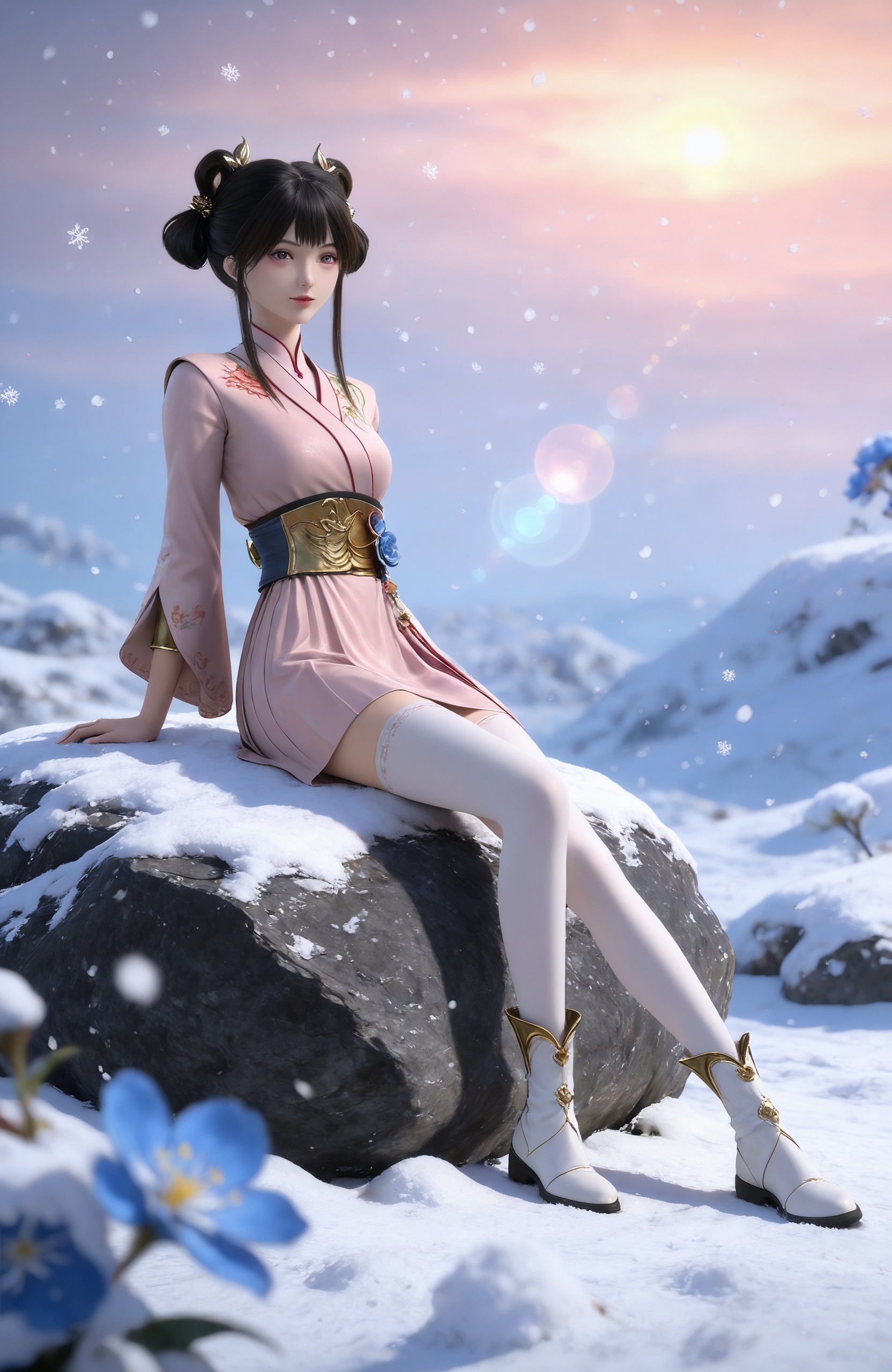 realistic style photo,outstanding style,Use soft lighting to cast gentle shadows on the subject,adding a touch of dimension to your images without compromising details,whirls of vapor,(Anime:1.1),soft neon light,ethereal ambiance,delicate details,magical atmosphere,concept art,highly detailed,ultra-high resolution,32K UHD,sharp focus,best-quality,masterpiece,golden hour,unconventional supreme masterpiece,masterful details,temperate atmosphere,with a high-end texture,in the style of fashion photography,magazine style,Dynamic Angle,Dynamic posture,magazine style,Dynamic Angle,Dynamic posture,(cowboy_shot:1.2),eye trail,depth of field,cinematic lighting,lens flare,close-up,extreme aesthetic,(wlop:0.6),(honjou raita,lack,rella,wanke:0.5),masterpiece,best quality,good quality,newest,year 2025,very aesthetic,absurdres,Visual impact,A shot with tension,ultra-high resolution,32K UHD,sharp focus,best-quality,masterpiece,Emotionalization,unconventional supreme masterpiece,masterful details,temperate atmosphere,with a high-end texture,in the style of fashion photography,(Visual impact:1.2),giving the poster a dynamic and visually striking appearance, <lora:九阳武神-小月IL:0.8> 1girl, black hair, hair ornament, hair rings, hair bun, chinese clothes, long sleeves, white thighhighs, pink dress, double bun, boots, sash, ,snowing, rock,,blurry,sitting,full body,arm support,blue flower,snowflakes