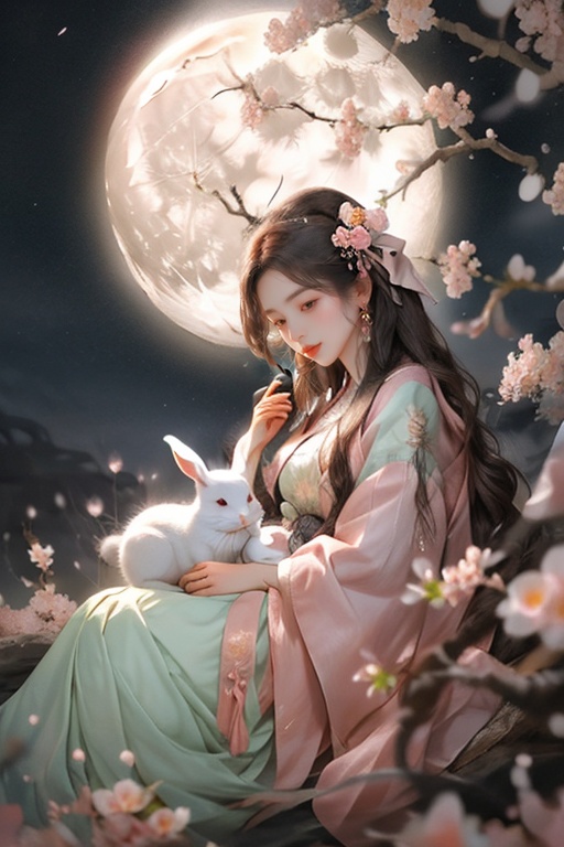 a woman sitting on a rock with a rabbit in her lap and a full moon in the background with pink flowers,<lora:cemx:1>,