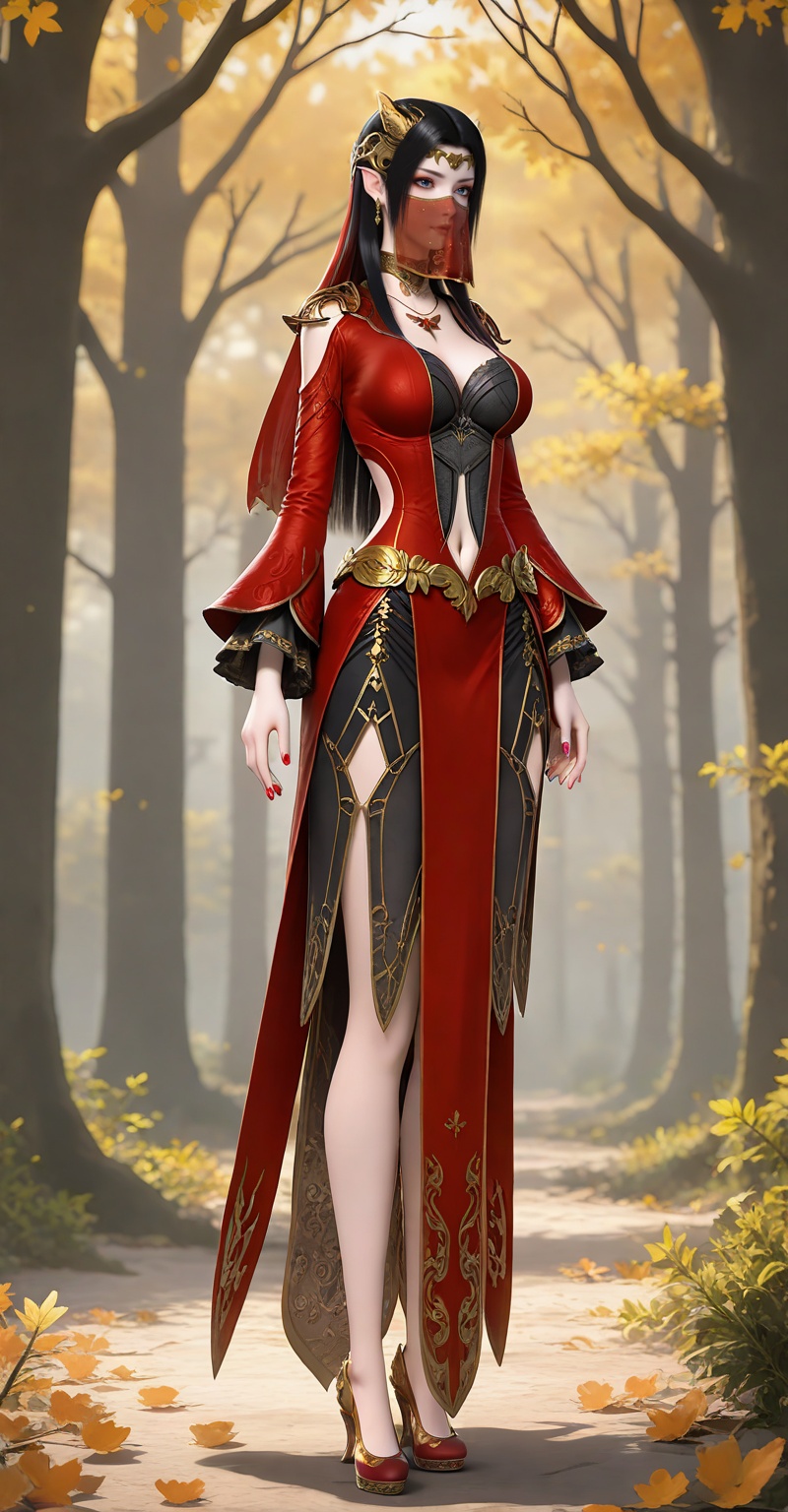 masterpiece,best quality,amazing quality,4k,very aesthetic,high resolution,ultra-detailed,absurdres,newest,scenery,3d,<lora:美杜莎ILL:0.7>,meidusha,1girl,solo,dress,black hair,veil,breasts,full body,red dress,high heels,long hair,clothing cutout,jewelry,red nails,mouth veil,pointy ears,red footwear,hair ornament,navel,standing,necklace,navel cutout,