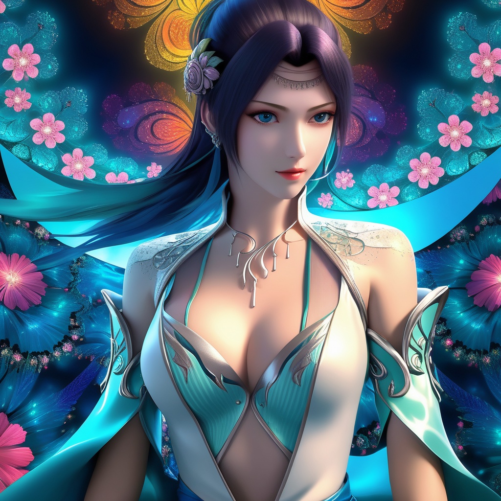<lora:786-DA-XL-斗破苍穹-云韵-绿服:0.8>, (,1girl, ,best quality, ),looking at viewer,,anime,(masterpiece, top quality, best quality, official art, beautiful and aesthetic:1.2), (1girl)	, , (cleavage),, extreme detailed,(fractal art:1.3),colorful, flowers ,highest detailed,()    (cleavage),,  (),