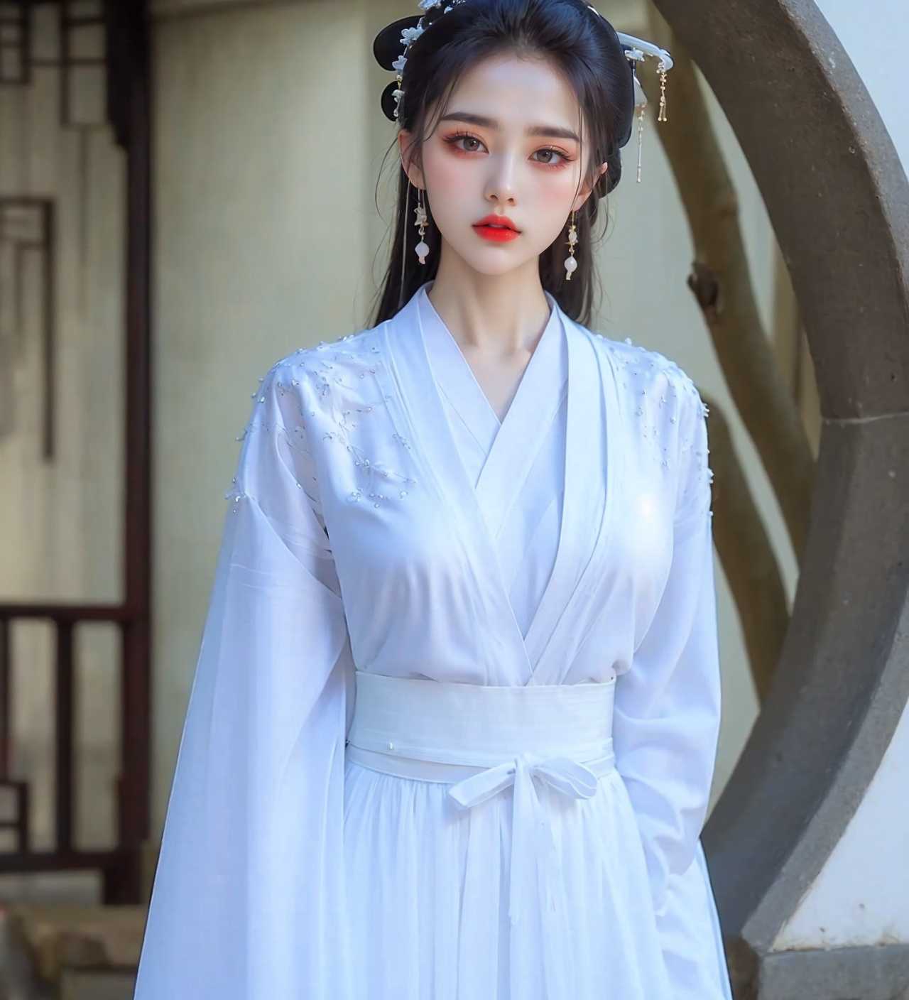 1girl,jewelry,red_lips_,lipstick,applying_makeup,eye makeup,black hair,solo,<lora:汉服眼妆1.3:0.5>,diamond drop earrings,standing,forest,upper_body,dress,hanfu,plump breasts,embroidery,white long upper shan,<lora:汉服白色交领汉服1.1:0.8>,(upper body:1.3),