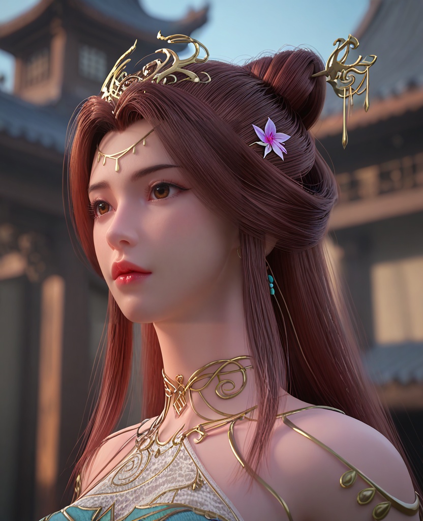 (oriental architecture, elegant decor, sophisticated style:1.1),(Bending down to tie shoelaces, with a pet beside, capturing a sweet everyday moment,:1.1),(breasts:1.2),<lora:XL百炼成神苏灵韵:0.95>,miss sulingyun,brown hair,long hair,green dress,hair ornament,jewelry,detached sleeves,brown eyes,hair bun,bare shoulders,earrings,flower bracelet,breasts,, zPDXL2, score_9, score_8_up, score_7_up BREAK realistic, masterpiece,best quality, highly detailed,, zPDXL3, zPDXL2,zPDXL, zPDXLxxx, zPDXLrl,