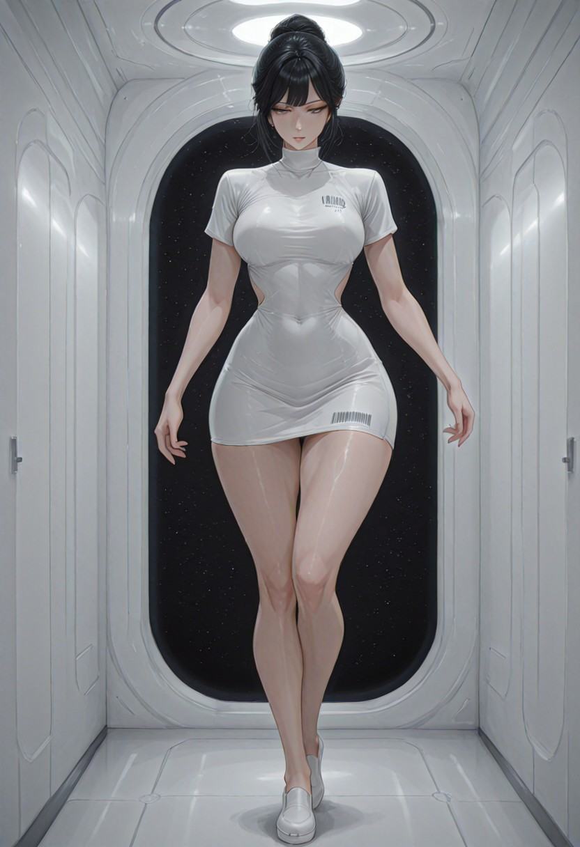 masterpiece,  best quality,  a chinese girl with short black hair walking in a space ship corridor.JBU_Dress; minidress on...