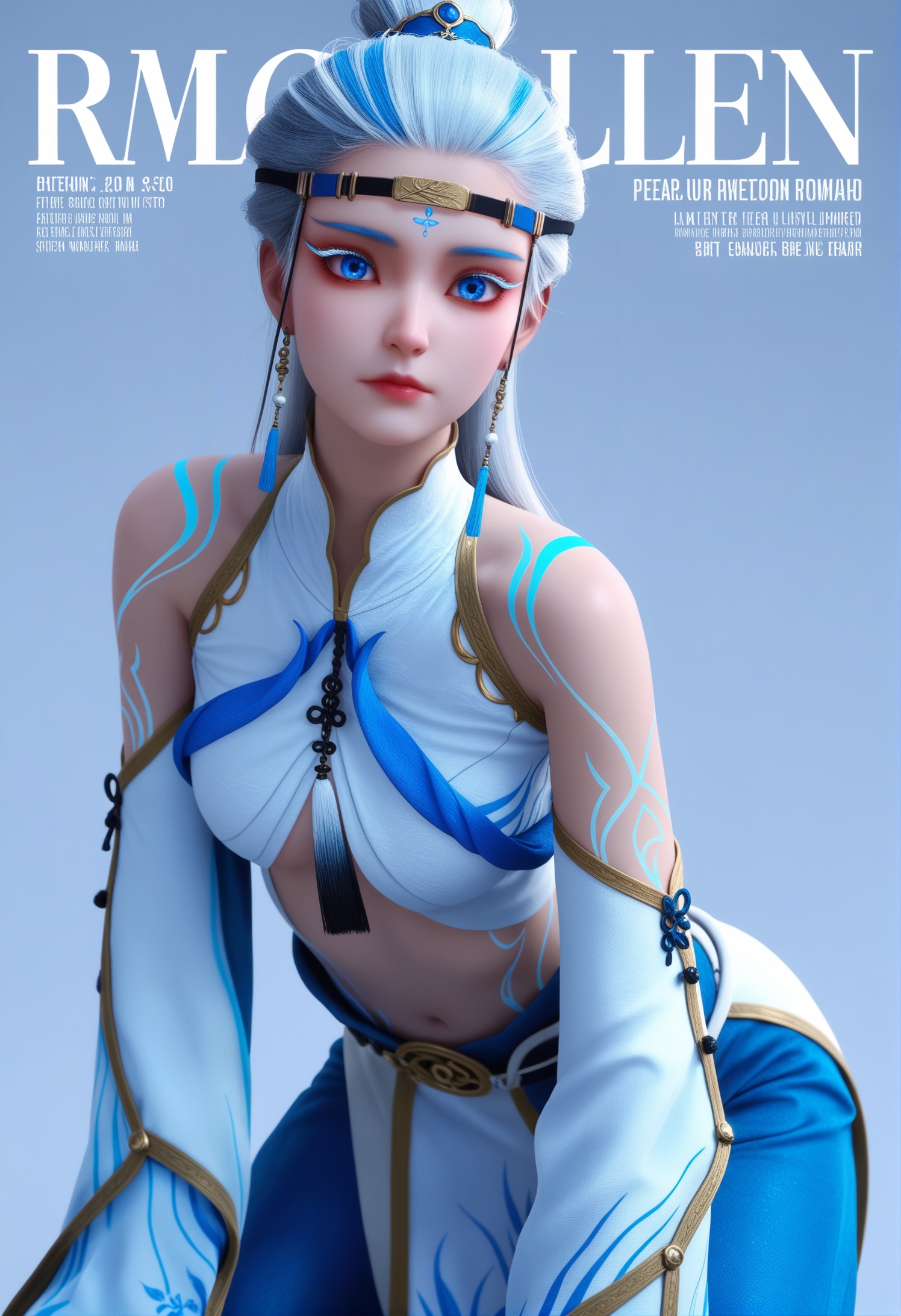 score_9,score_8_up,score_7_up,1girl,solo,realistic,(looking at viewer:1.1),(leaning_forward:1.3),1girl,solo,realistic,dress,blue dress,white dress,sleeveless dress,crop top,wide sleeves,detached sleeves,long sleeves,center opening,clothing cutout,chinese clothes,tattoo,body markings,arm tattoo,blue pants,belt,baggy pants,barefoot,1girl,solo,realistic,jewelry,circlet,hair ornament,forehead protector,headband,black headband,blue headband,earrings,1girl,solo,realistic,(mature face:1.2),big eye,(pale_skin:1.1),shiny_skin,slender face,long hair,white hair,blue hair,streaked hair,hair pulled back,hair bun,blue eyes,forehead mark,facial mark,eyelashes,colored eyelashes,eyeliner,makeup,eyeshadow,multicolored hair,blue eyeshadow,red lips,bare shoulders,navel,closed mouth,realistic,blue_theme,solid background,simple background,(magazine cover theme:0.95),<lora:小巳-知画-根基姿态:0.85>,