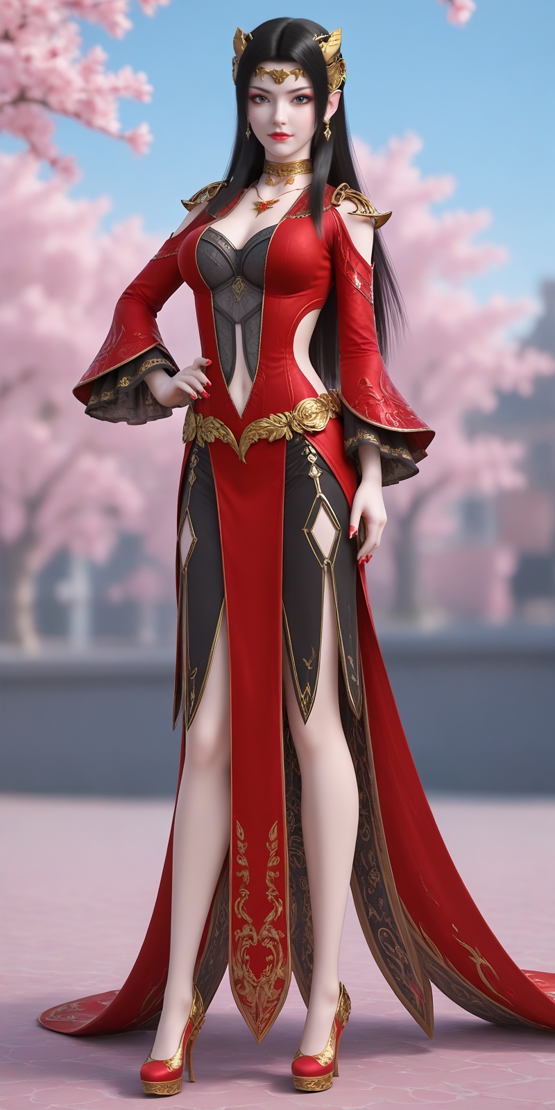<lora:美杜莎pony-000013:0.6>,meidusha,1girl,solo,jewelry,dress,black hair,red dress,full body,clothing cutout,long hair,earrings,hand on own hip,red footwear,breasts,high heels,red nails,necklace,navel cutout,hair ornament,standing,looking at viewer,navel,depth of field,masterpiece,best quality,very aesthetic,2024,2023,perfect composition,ultra-detailed,extreme aesthetic,(quasarcake:0.7),masterpiece,best quality,good quality,newest,year 2024,year 2023,very aesthetic,absurdres,looking_at_viewer,colorful,