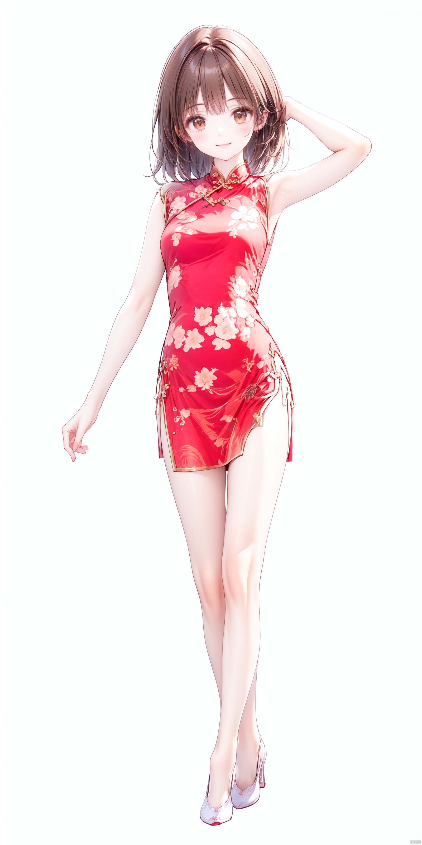 1girl,1girl, solo, smile, bangs, brown hair,China dress, brown eyes, standing, full body, no_sleeves, arm up, high heels, chinese clothes, floral print, Pink Cheongsam,White background,Sleeveless——Clear hand contour,Hand intact,Five fingers of the hand are clear—（Dynamic Posture:1.5）, 1girl<lora:EMS-355394-EMS:0.800000>, <lora:EMS-151900-EMS:0.600000>, <lora:EMS-93-EMS:0.800000>, <lora:EMS-27162-EMS:0.300000>, <lora:EMS-254762-EMS:0.400000>, <lora:EMS-69165-EMS:0.300000>
