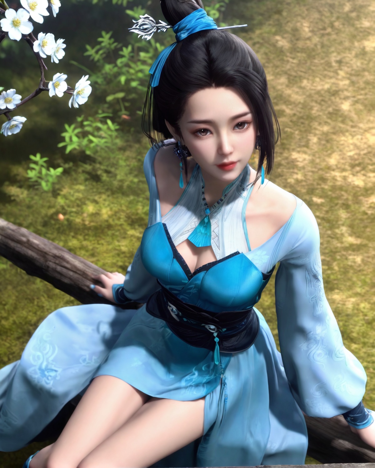 <lora:SF_LanLingE_Pony_Realism-000003:0.7>,1girl,solo,flower,dress,earrings,detached sleeves,hair ornament,jewelry,sitting,looking at viewer,branch,black hair,long hair,from above,hair bun,blue dress,