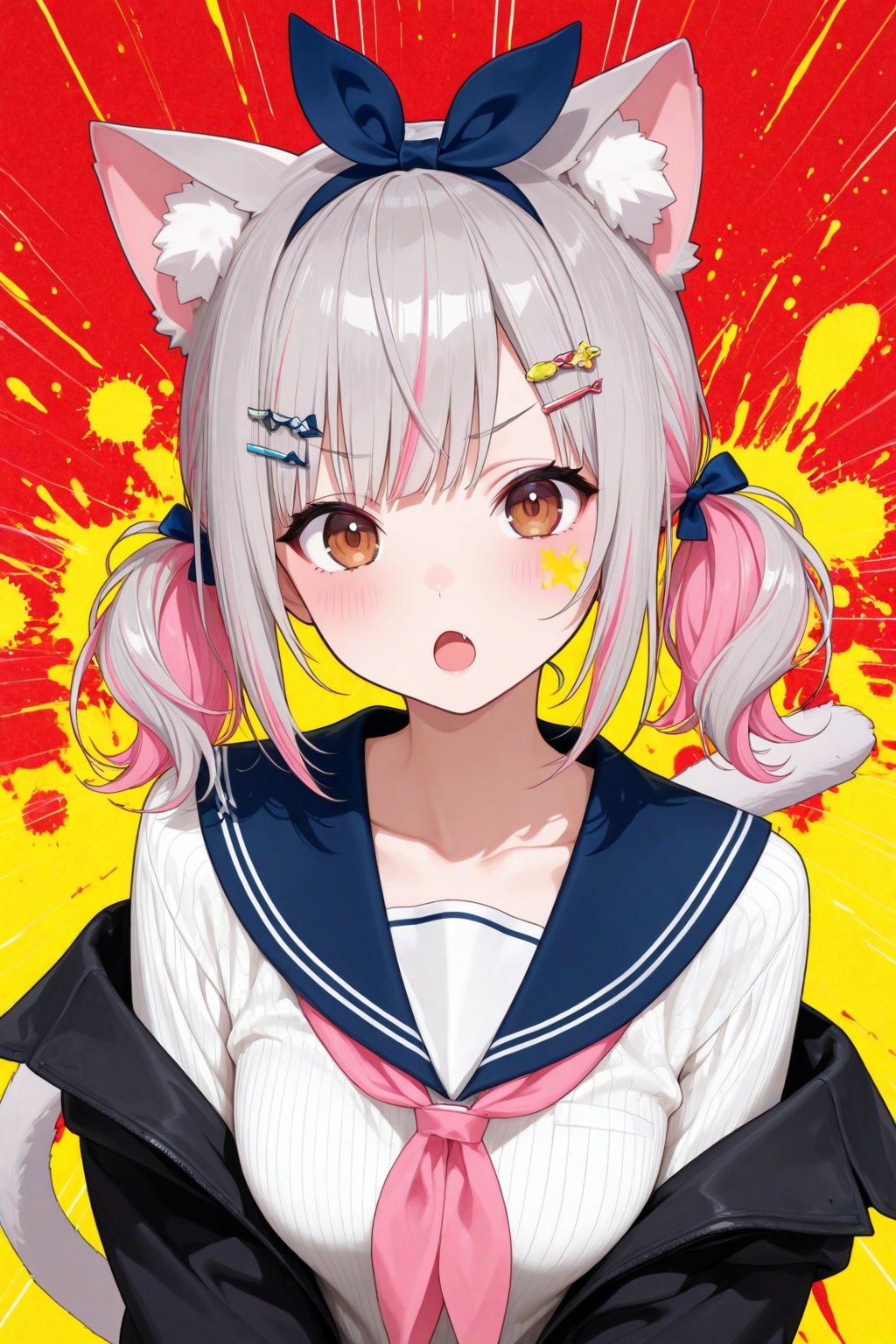 masterpiece, best quality, perfect anatomy, aesthetic, absurdres, medium_breasts, neckerchief, breasts, blue_bow, one_eye_closed, upper_body, pink_hair, white_shirt, fish, two-tone_hair, ;d, sweater, collarbone, ribbed_shirt, ribbed_sweater, 1girl, side_ponytail, grey_hair, long_hair, :o, black_jacket, smile, triangle, red_background, long_sleeves, solo, open_jacket, looking_at_viewer, sailor_collar, jacket, two_side_up, serafuku, animal_ears, multicolored_hair, paint_splatter_on_face, brown_eyes, red_eyes, tail_raised, bow, blush, blue_sailor_collar, virtual_youtuber, off_shoulder, cat_tail, hair_bow, hairclip, open_mouth, cat_ears, short_hair, text_background, emphasis_lines, short_twintails, twintails, open_clothes, tail, cat_girl, anime_coloring, covered_collarbone, official_style, v-shaped_eyebrows, paint_splatter, school_uniform, yellow_background, hair_ornament