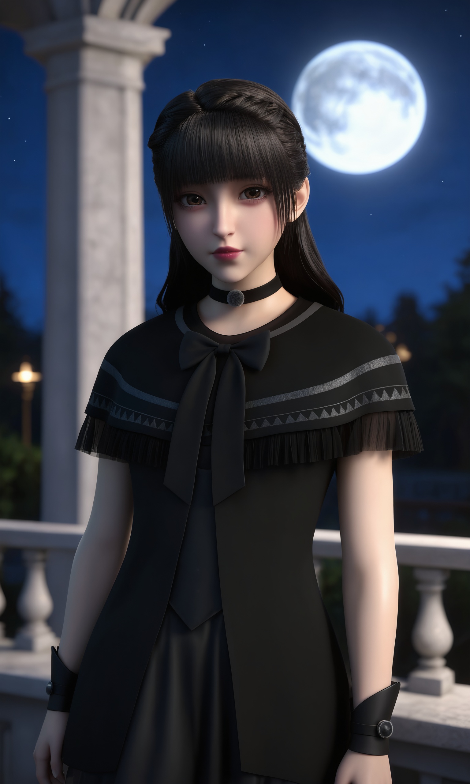 <lora:紫川-紫川宁-黑色睡裙Pony:0.8>,1girl,straight,jet-black hair,bangs,choker and,black,short-sleeved dress,high collar,large bow,flared skirt that ends at mid-thigh,black tights and black flats,, 1girl,solo,shiny,shiny_hair,upper_body,fair_skin,white_skin,shiny_skin,shiny,Ivory_skin,looking at viewer,cinematic lighting,volumetric lighting,solo focus,blurry background,depth of field,night,sky,night sky,full moon,moonlight,