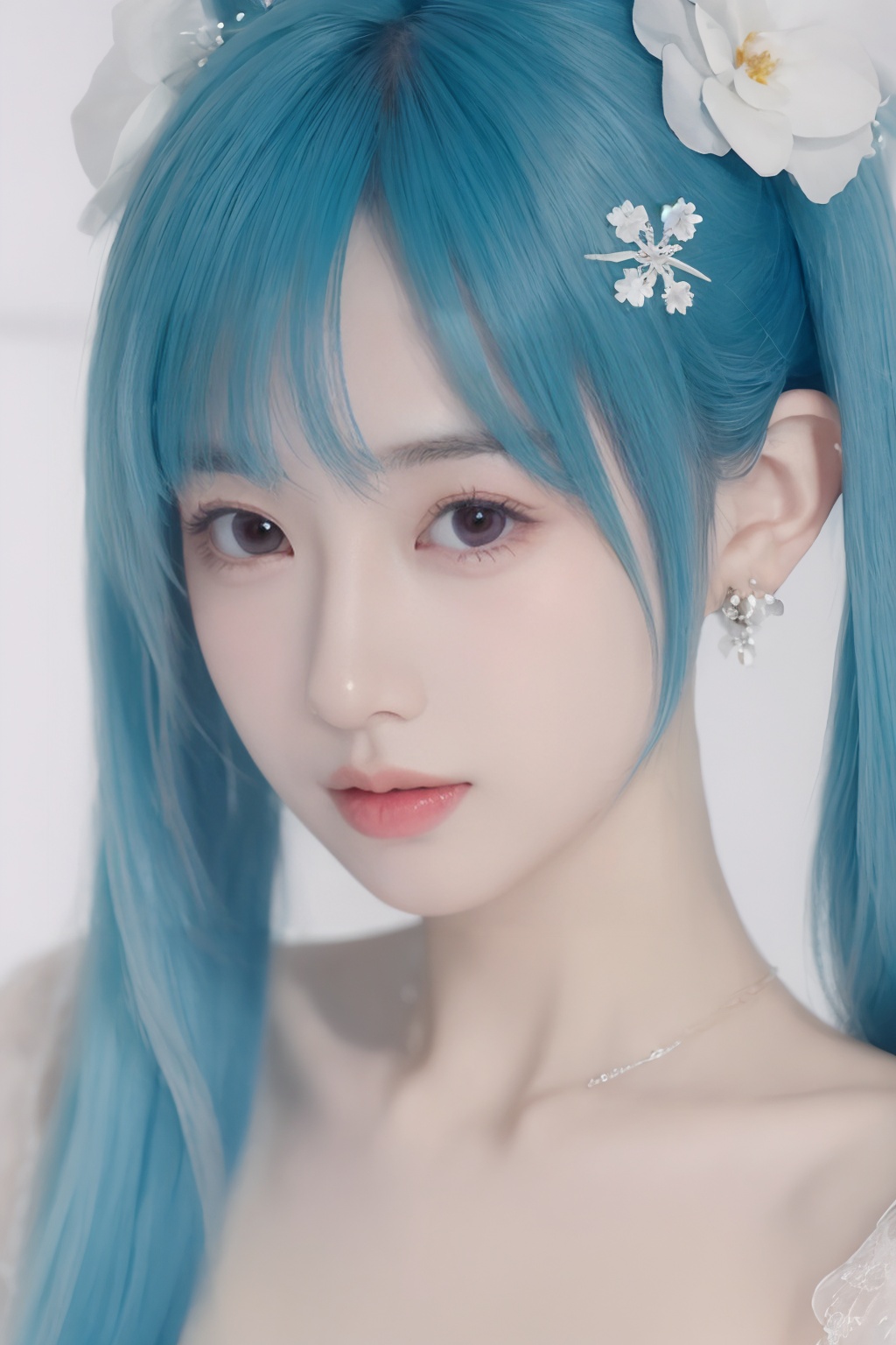 1girl, flower, hair_flower, hair_ornament, earrings, solo, jewelry, hatsune_miku, white_flower, closed_mouth, looking_at_viewer<lora:sifang_20231118123505:0.7>, 