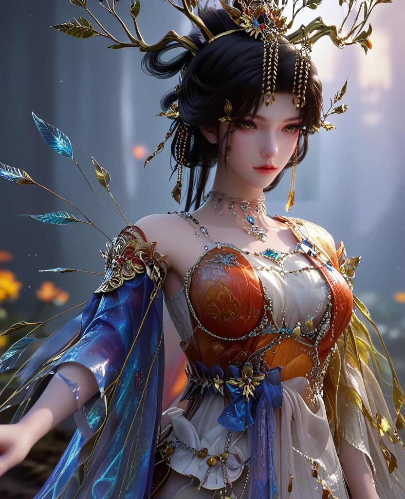 (practicing archery:1.1),(large breasts:1.2),<lora:XL16云深不知梦羲和淬火令:0.95>,miss xihe,orange gown with white tulle skirt,yellow eyes,black hair,looped bun with tresses,hair ornament,jewelry,necklace,makeup,, score_9,score_8_up,score_7_up,score_6_up,score_5_up,score_4_up,3d rendering,tag1,tag2, Cinematic Lighting,backlighting,