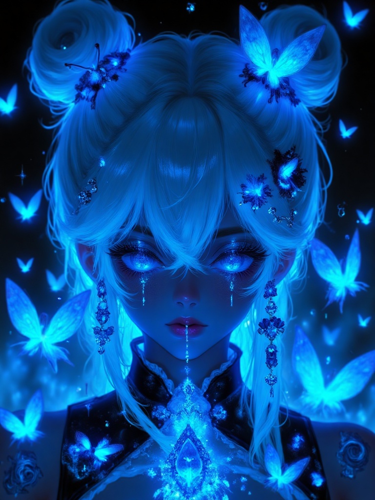 blue eyes, butterfly, double bun, 1girl, sfw, solo, photoshop (medium), original, looking at viewer, hair bun, glowing, glowing eyes, bug, butterfly hair ornament, butterfly hair clip, jewelry, hair ornament, blue theme, hairclip, long hair, lips, lips lick, tongue, tongue out, blue hair, upper body, tongue lick, white hair, magical girl, lips lick 