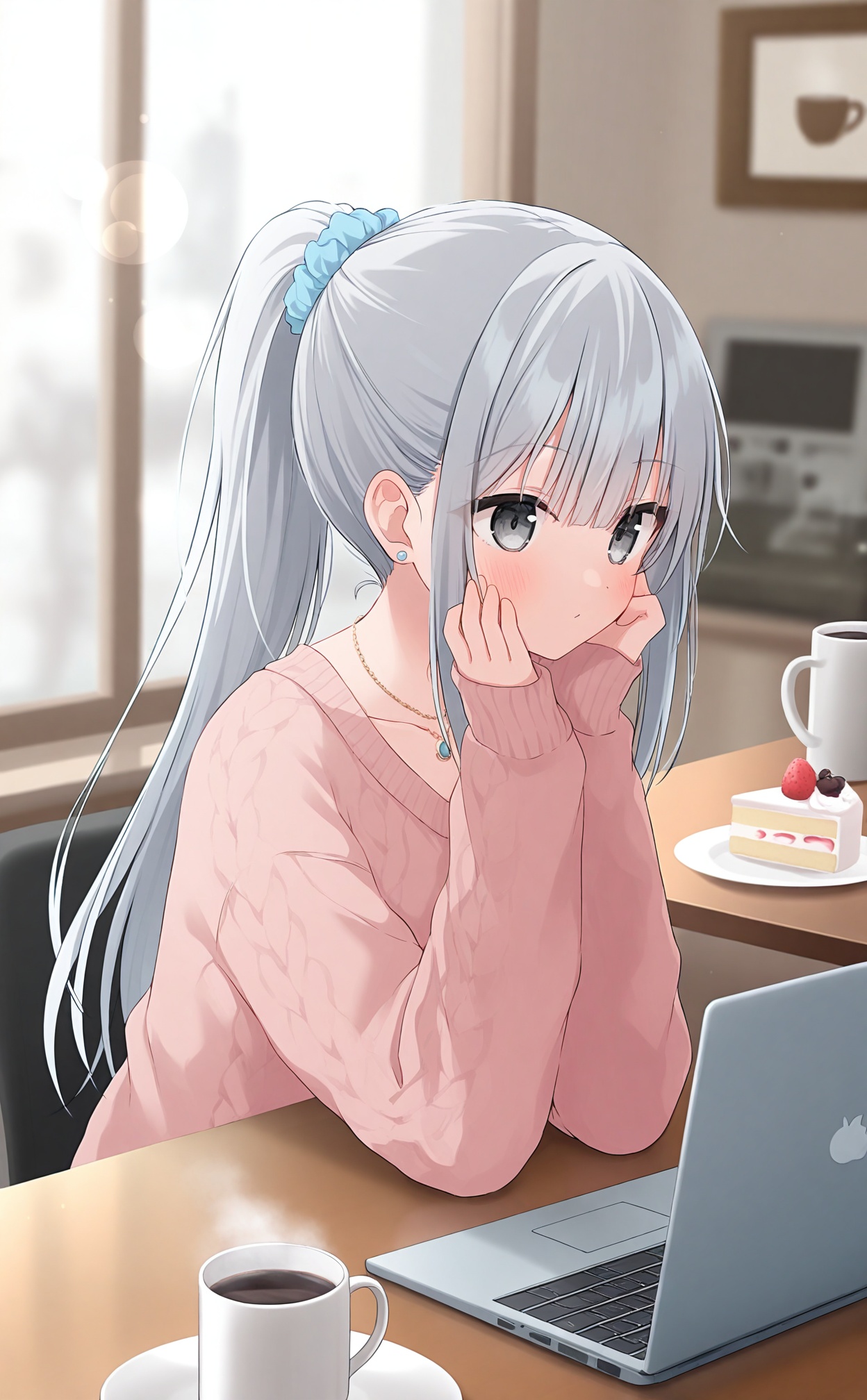 masterpiece,absurdres,best quality,loli,petite,high quality,chromatic_aberration,//, 1girl, jewelry, laptop, sweater, cake, cup, computer, ponytail, food, blurry, hair ornament, earrings, cable knit, hair scrunchie, solo, aran sweater, scrunchie, necklace, table, sleeves past wrists, coffee, grey hair, grey eyes, mug, blurry background, depth of field, indoors, long sleeves, brown sweater, collarbone, coffee mug, cafe, sitting, long hair, head rest, elbows on table, sidelocks, cake slice, stud earrings, upper body, looking to the side, lens flare, plate, pink sweater, blue scrunchie, hands up, hand on own face, steam//,<lora:nuhutya——【noob】hans:0.8>,